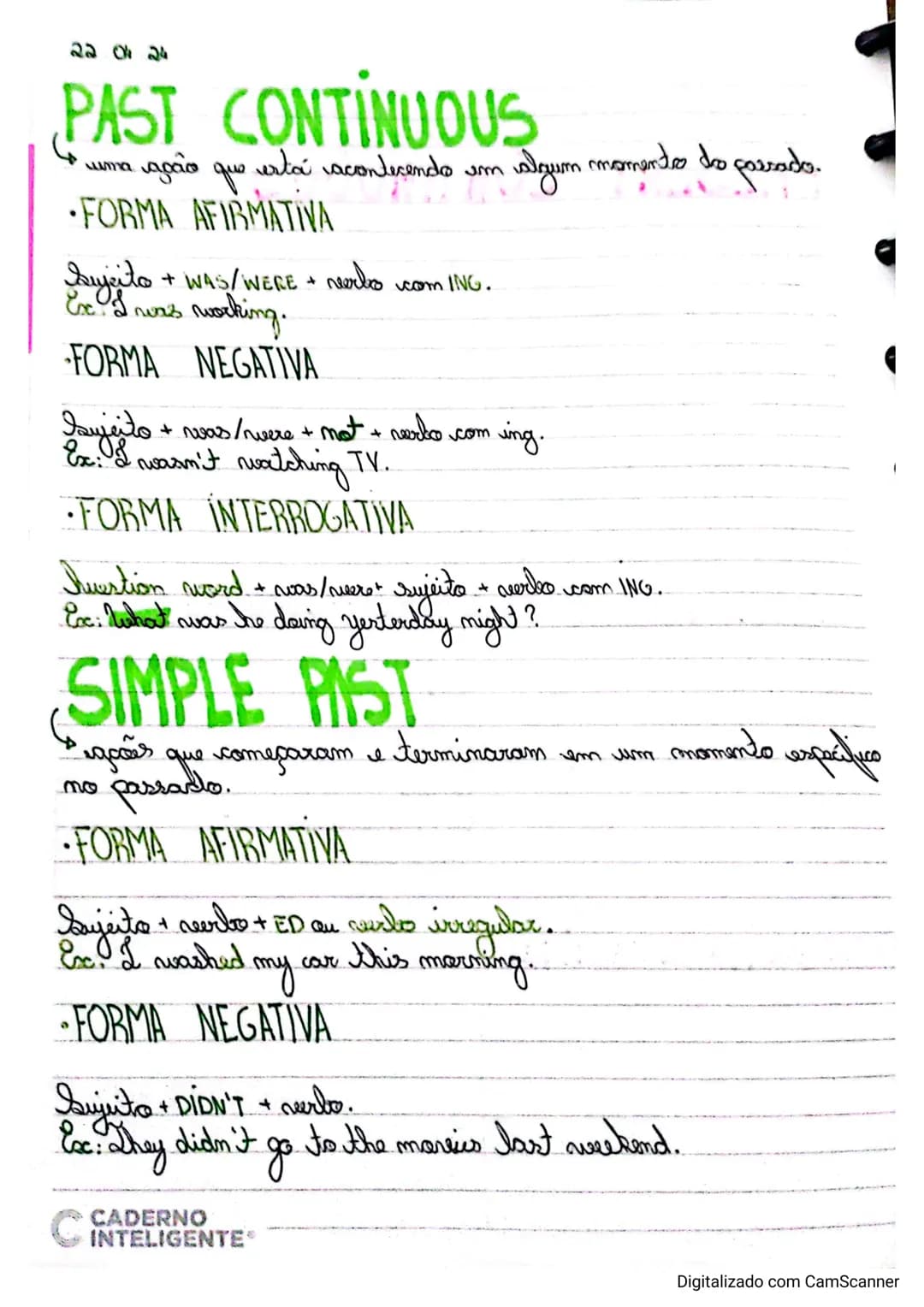 22 01 24
# PAST CONTINUOUS
- uma ação que está acontecendo em algum momento do passado.
- FORMA AFIRMATIVA
Sujeito+ WAS/WERE + verbo com IN