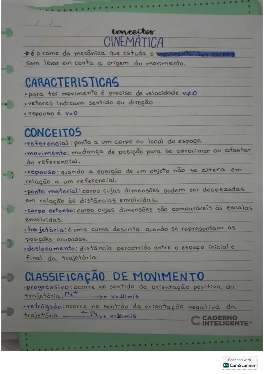 conceitos
CINEMATICA
Dé o ramo da mecânica que estuda o movimento dos corpos
sem levar em conta a origem do movimento.
CARACTERISTICAS
•para