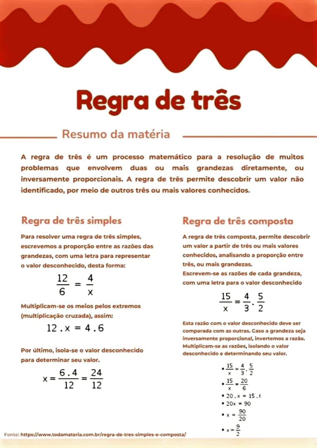 # Regra de três
Resumo da matéria
A regra de três é um processo matemático para a resolução de muitos
problemas que envolvem duas ou mais