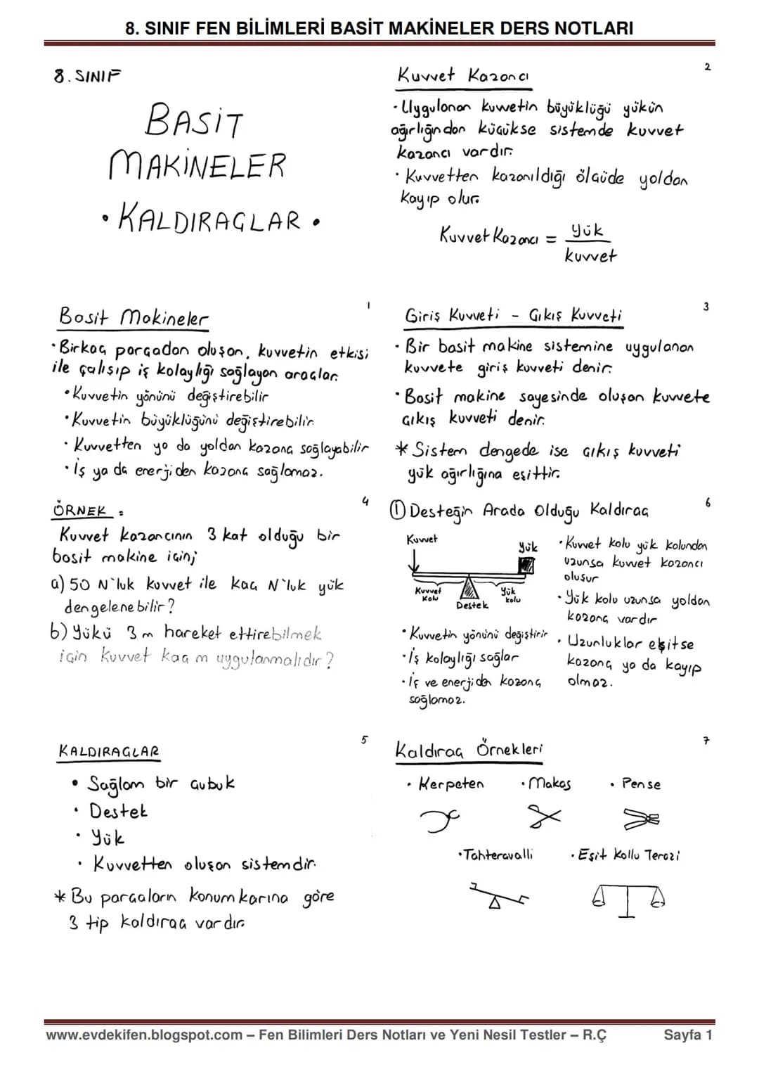 8. SINIF
8. SINIF FEN BİLİMLERİ BASİT MAKİNELER DERS NOTLARI
BASIT
MAKİNELER
• KALDIRAGLAR.
Kuvvet Kazancı
-Llygulonon kuwetin büyüklüğ