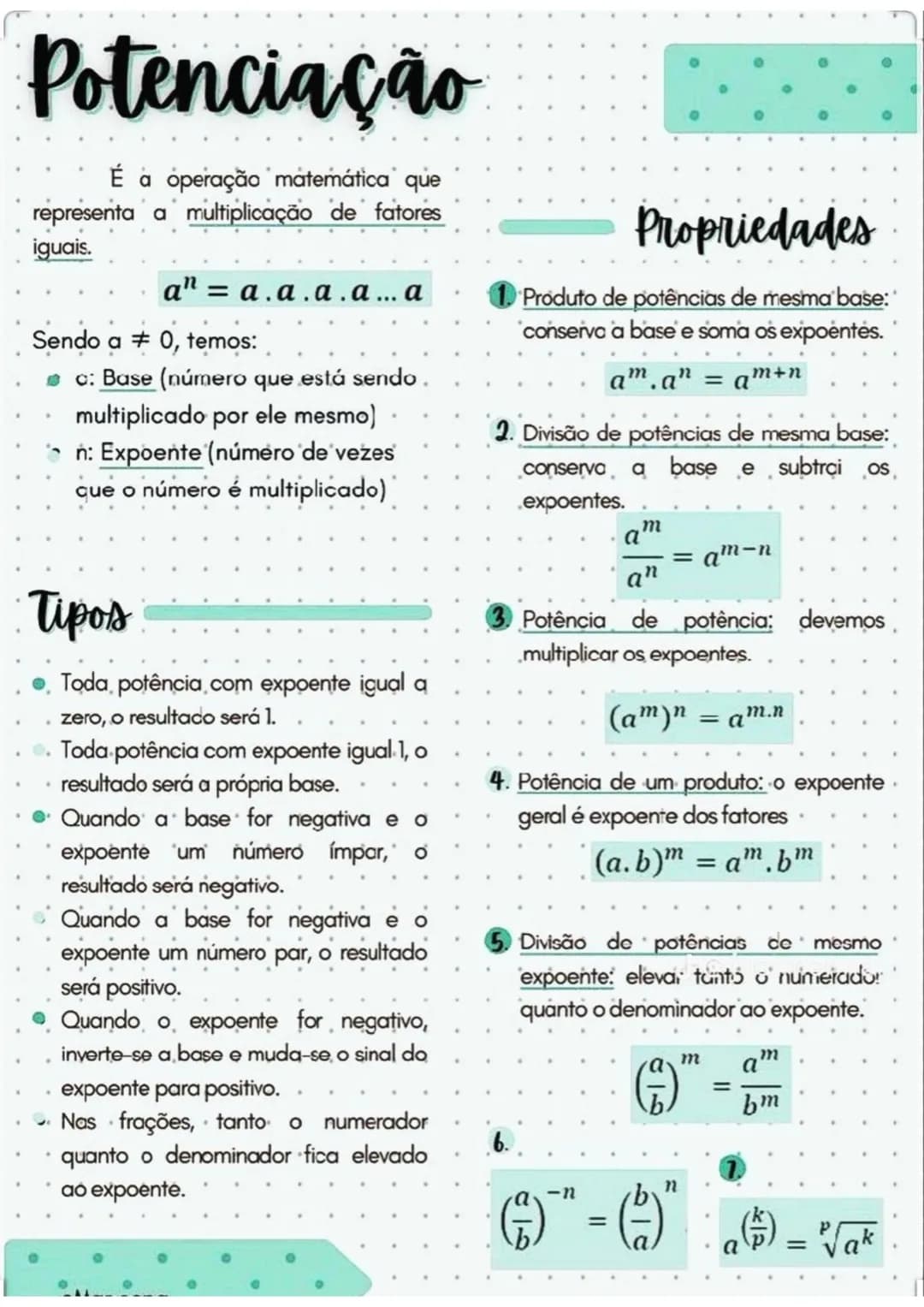 # Potenciação
É a operação matemática que
representa a multiplicação de fatores
iguais.
$a^n = a.a.a.a... a$
Sendo a ≠ 0, temos:
⚫c: Bas