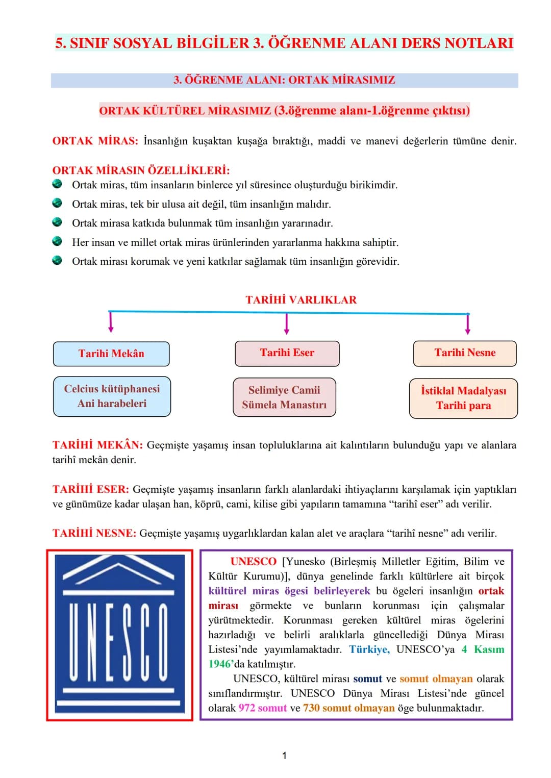 5. SINIF SOSYAL BİLGİLER 3. ÖĞRENME ALANI DERS NOTLARI
3. ÖĞRENME ALANI: ORTAK MİRASIMIZ
ORTAK KÜLTÜREL MİRASIMIZ (3.öğrenme alanı-1.öğren