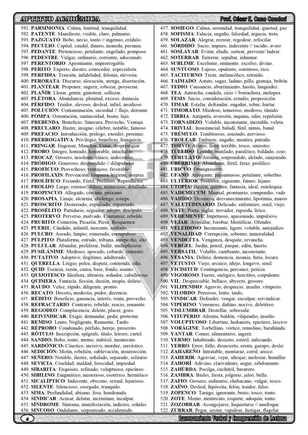 Prof. César E. Cuno Condori
APTITUD ACADÉMICA
LISTA DE SINÓNIMOS MÁS USADOS EN EJERCICIOS DE RAZONAMIENTO VERBAL
1. ABACERÍA: Tienda, com