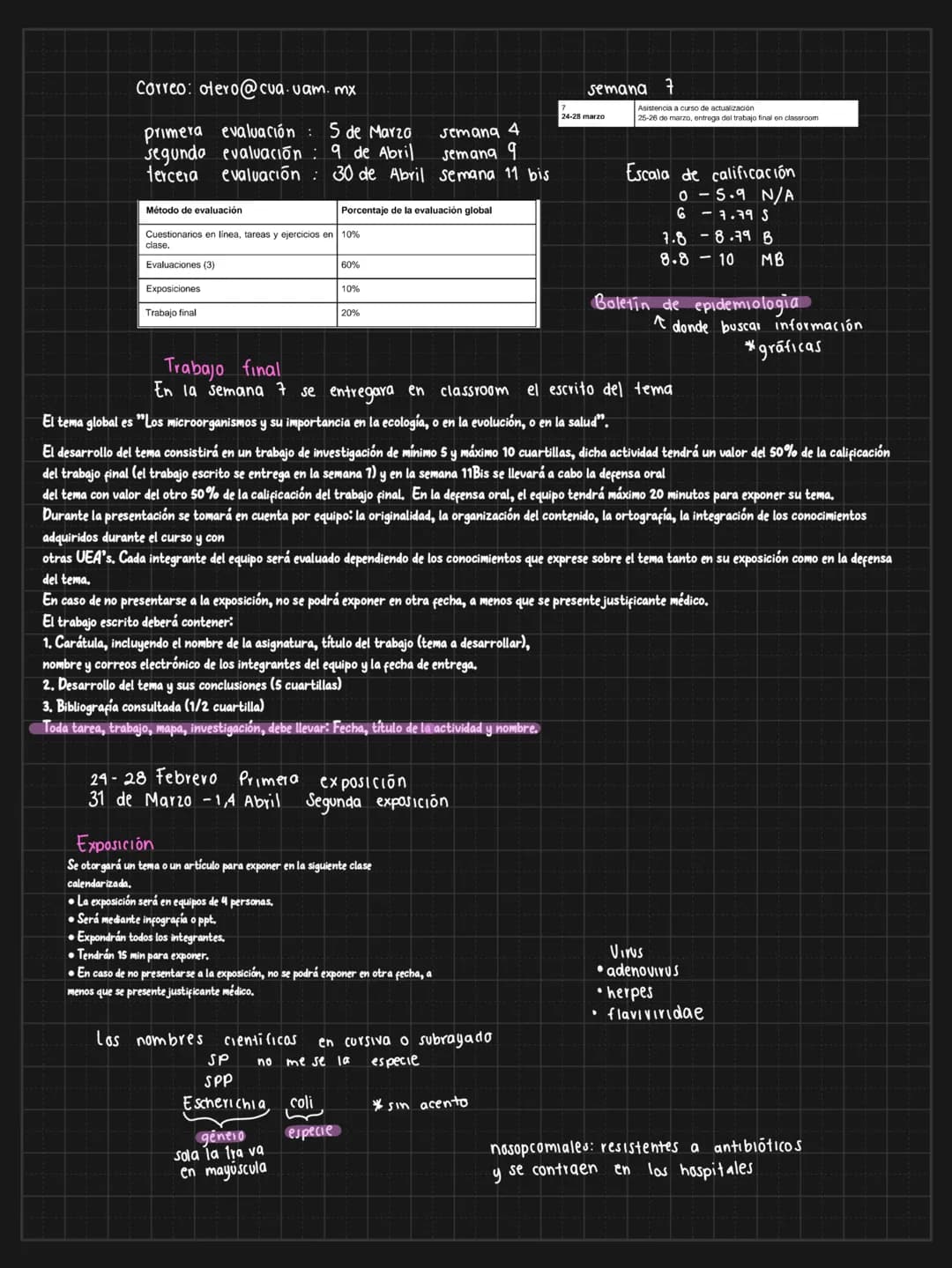 0:01
Miemie Correo: olero@cua.uam.mx
semana 7
24-28 marzo
Asistencia a curso de actualización
26-26 de marzo, entrega del trabajo fine
pri