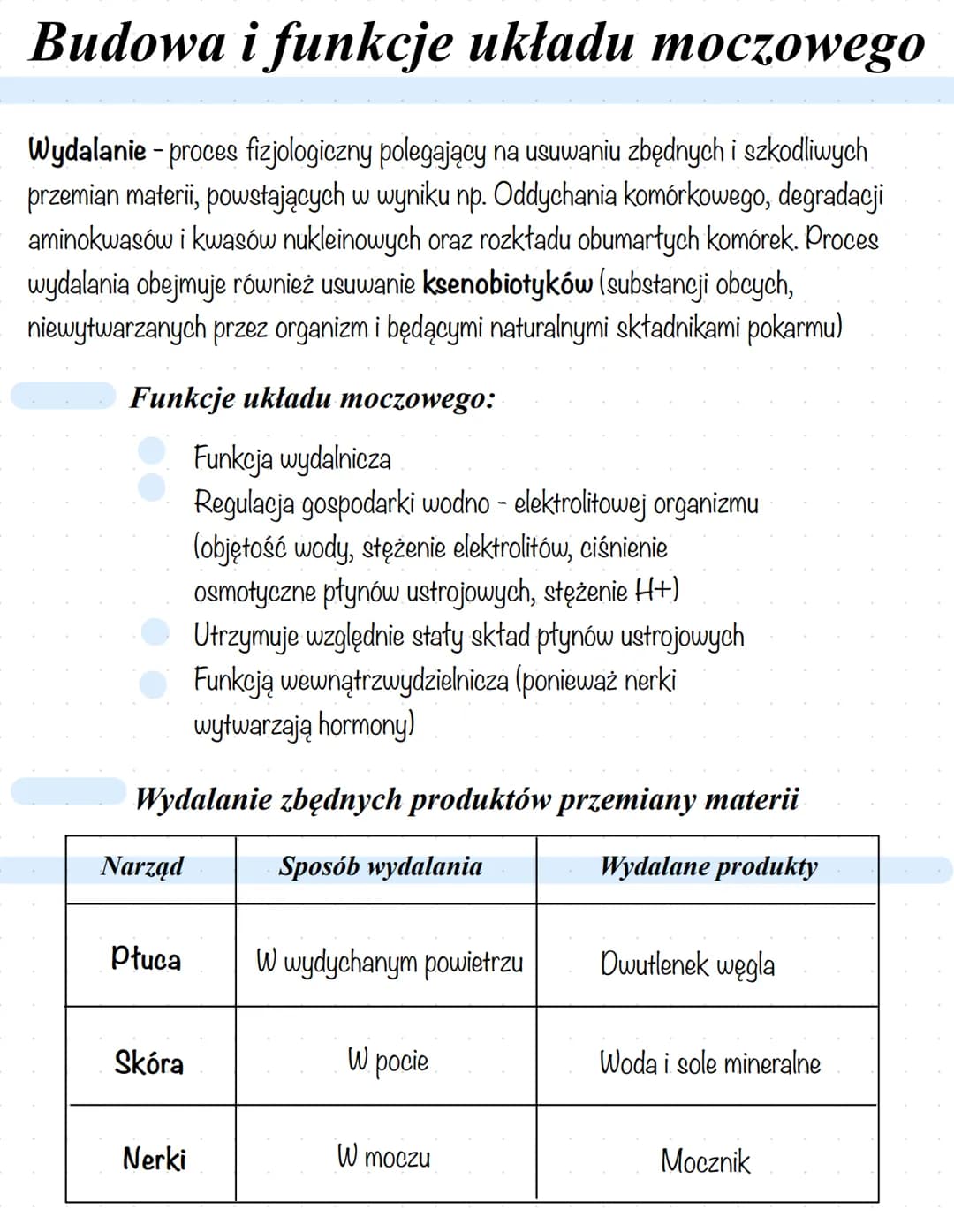 # Budowa i funkcje układu moczowego
Wydalanie - proces fizjologiczny polegający na usuwaniu zbędnych i szkodliwych
przemian materii, powsta