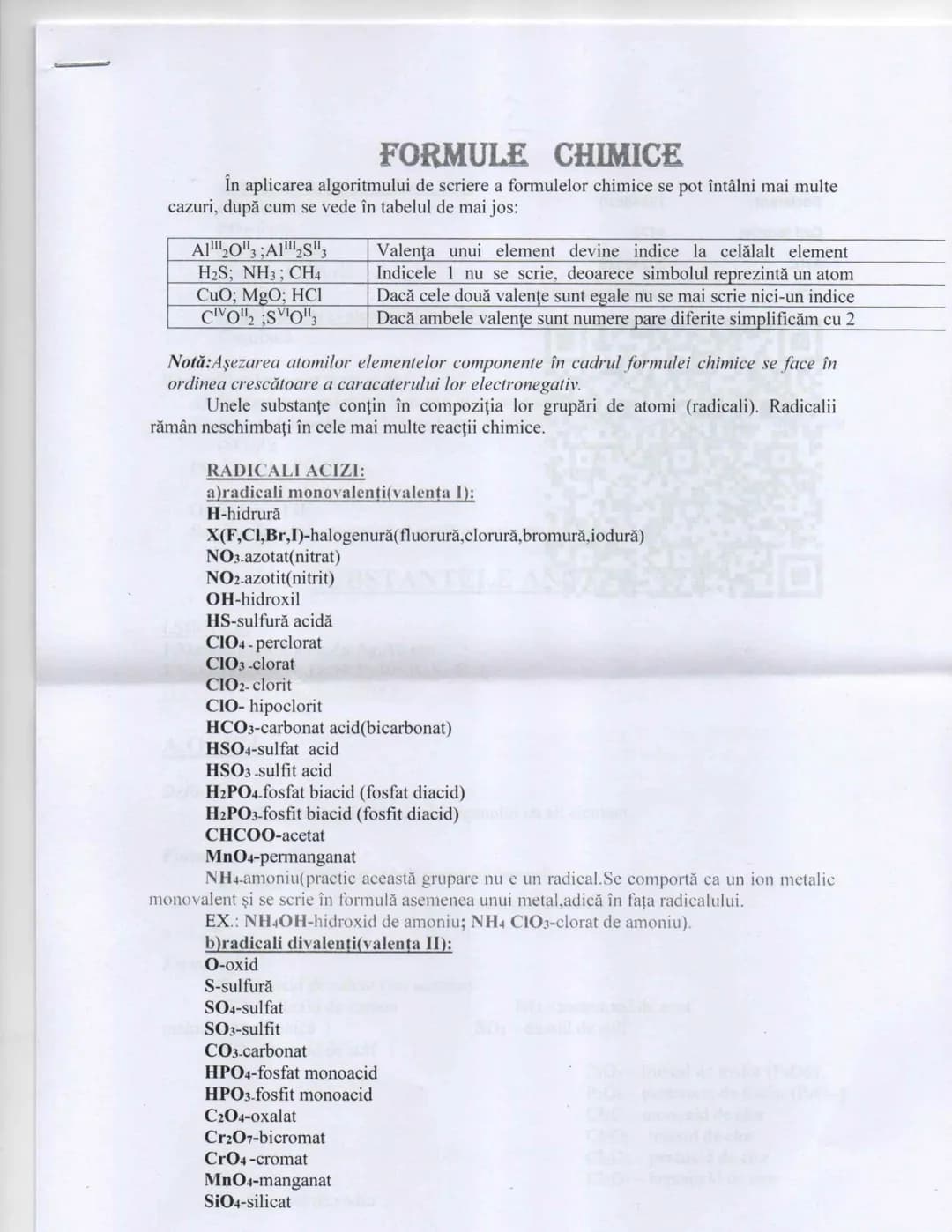 # FORMULE CHIMICE
În aplicarea algoritmului de scriere a formulelor chimice se pot întâlni mai multe
cazuri, după cum se vede în tabelul de