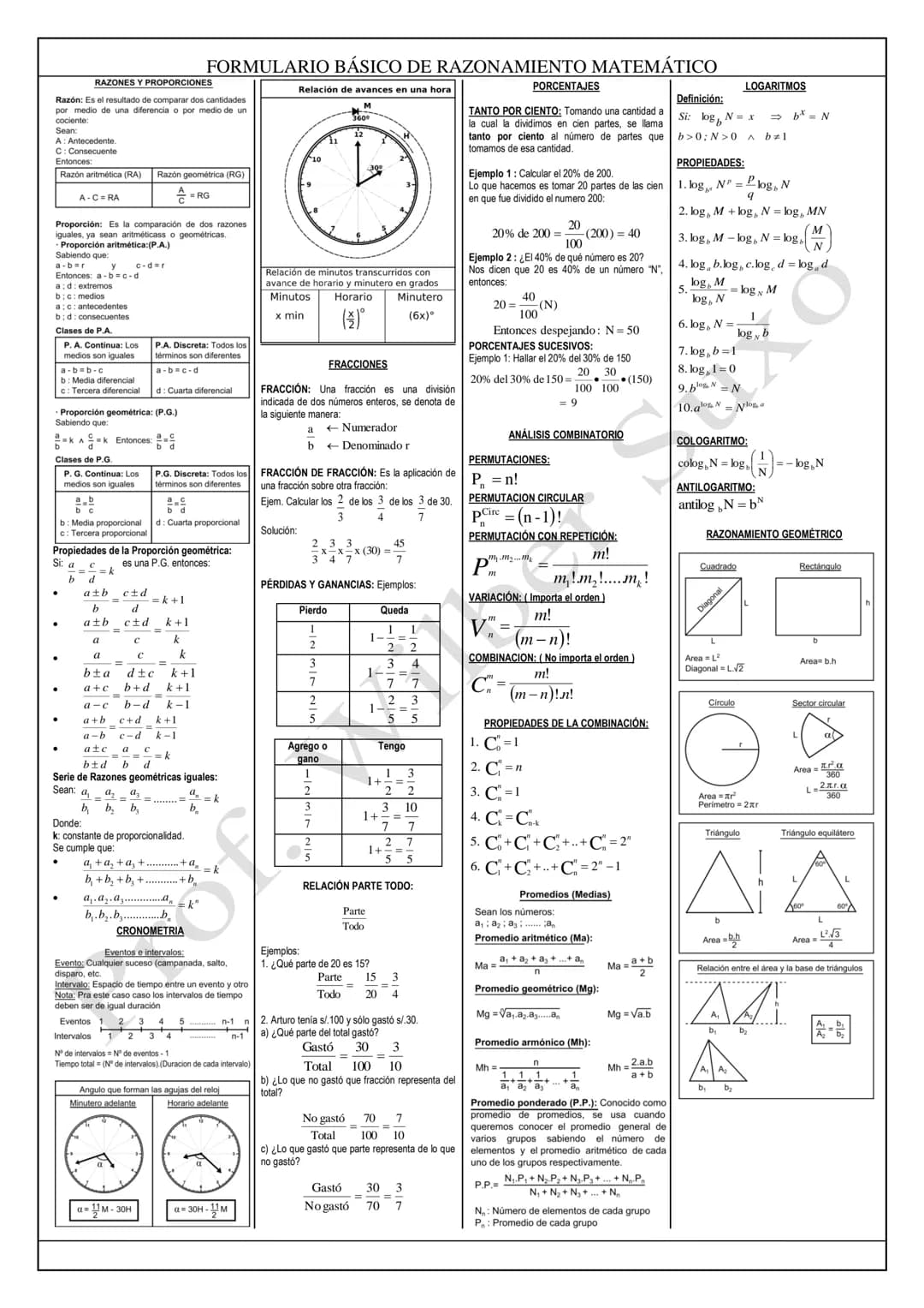 # FORMULARIO BÁSICO DE RAZONAMIENTO MATEMÁTICO
LOGICA PROPOSICIONAL
Tablas lógicas
| q | p | q | p v q | p ^ q | p → q | p ↔ q |
|---|---