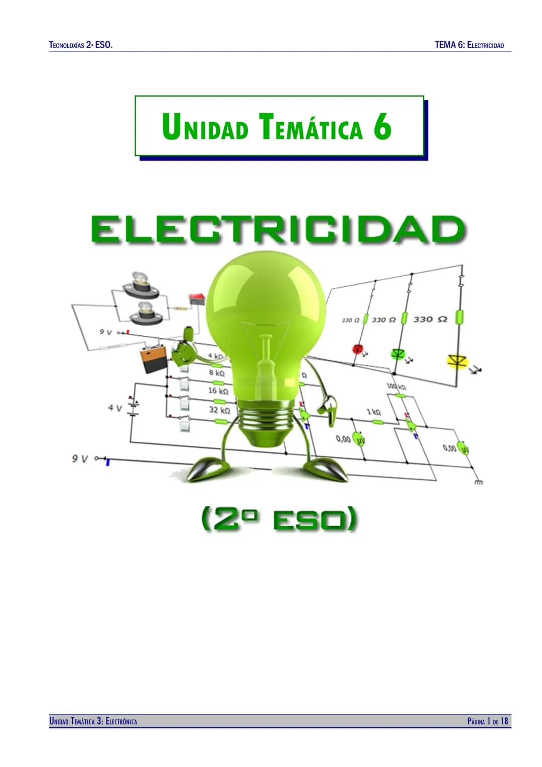 TECNOLOXÍAS 2. ESO.
TEMA 6: ELECTRICIDAD
# UNIDAD TEMÁTICA 6
# ELECTRICIDAD
9 V
4V
4 k$\Omega$
8 Κ$\Omega$
16 Κ$\Omega$
32 Κ$\Omega