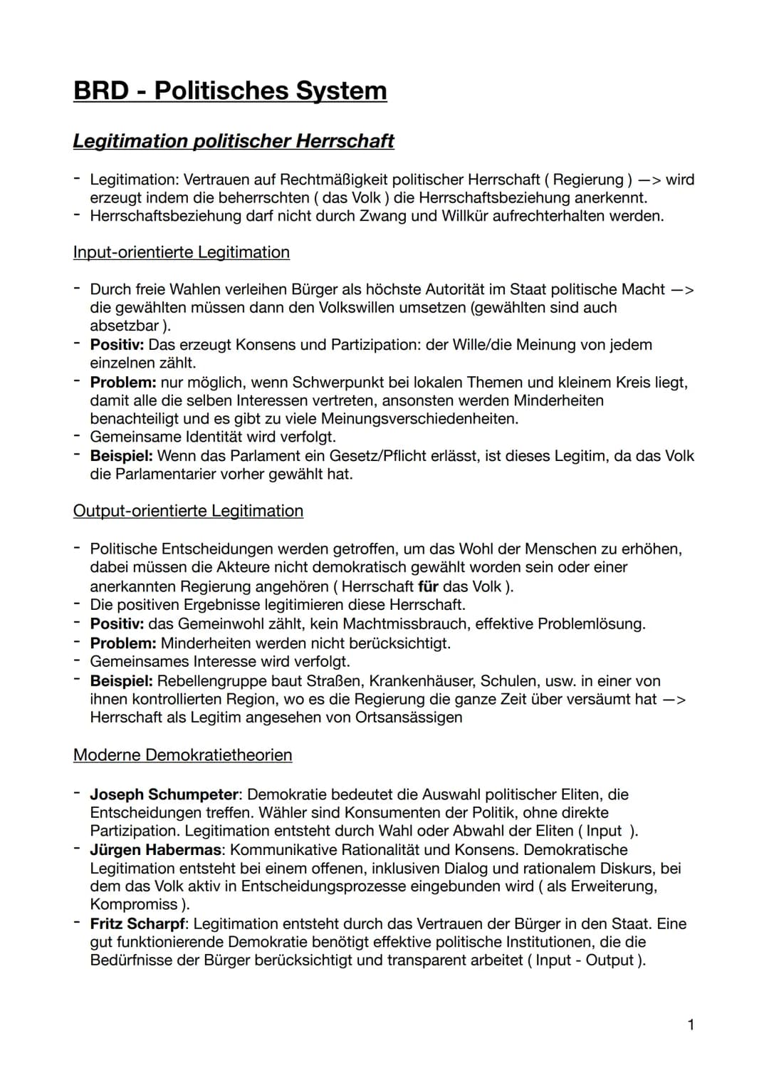 # BRD - Politisches System
Legitimation politischer Herrschaft
- Legitimation: Vertrauen auf Rechtmäßigkeit politischer Herrschaft (Regier