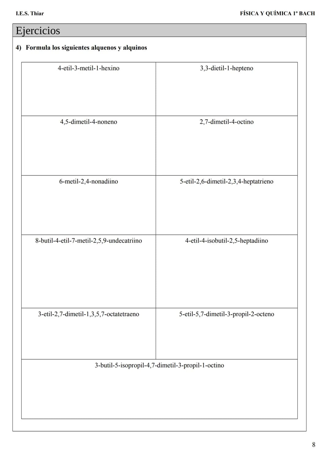 # I.E.S. Thiar
FÍSICA Y QUÍMICA 1º BACH
REGLAS GENERALES DE FORMULACIÓN:
- Los hidrocarburos de cadena lineal se nombran mediante un pref