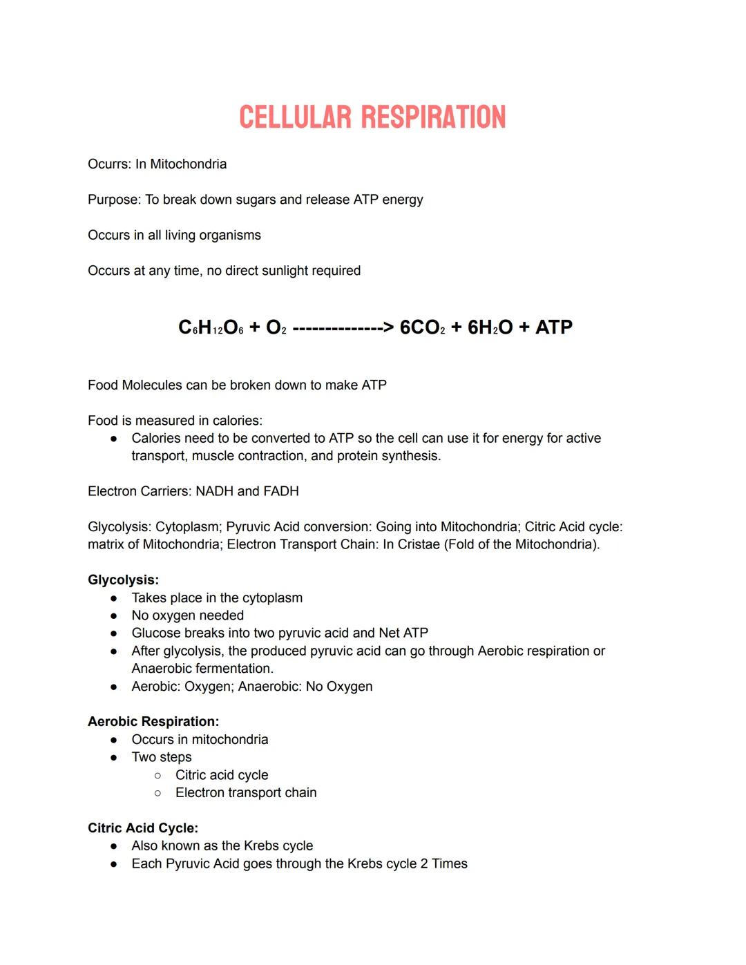 # PHOTOSYNTHESIS
Occurs: In Chloroplast
Purpose: To convert light energy into chemical energy
Uses light, carbon dioxide, and water to ma