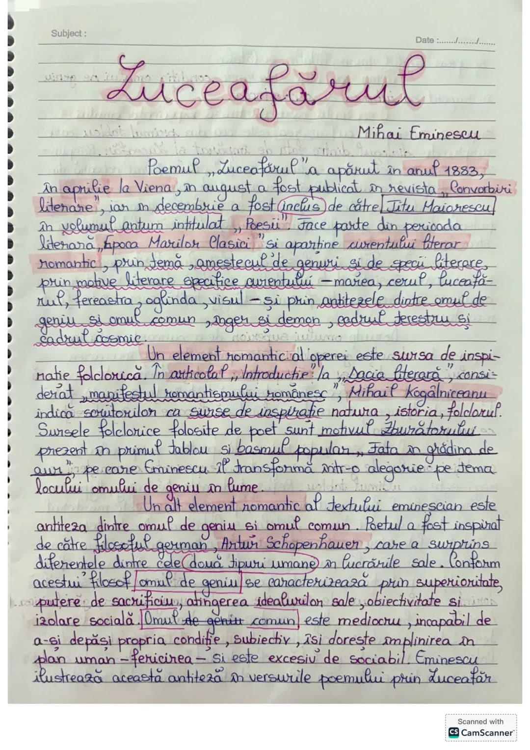 Subject:
Date :.................
# Luceafărul
Mihai Eminescu
Poemul „Luceafărul” a apărut în anul 1883,
în aprilie la Viena, în august a