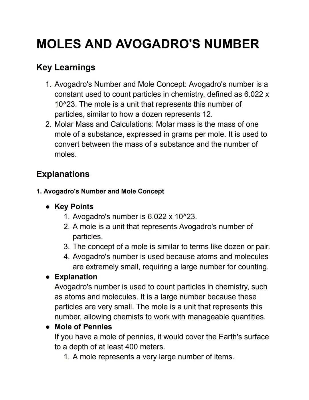 # MOLES AND AVOGADRO'S NUMBER
Key Learnings
1. Avogadro's Number and Mole Concept: Avogadro's number is a
constant used to count particle