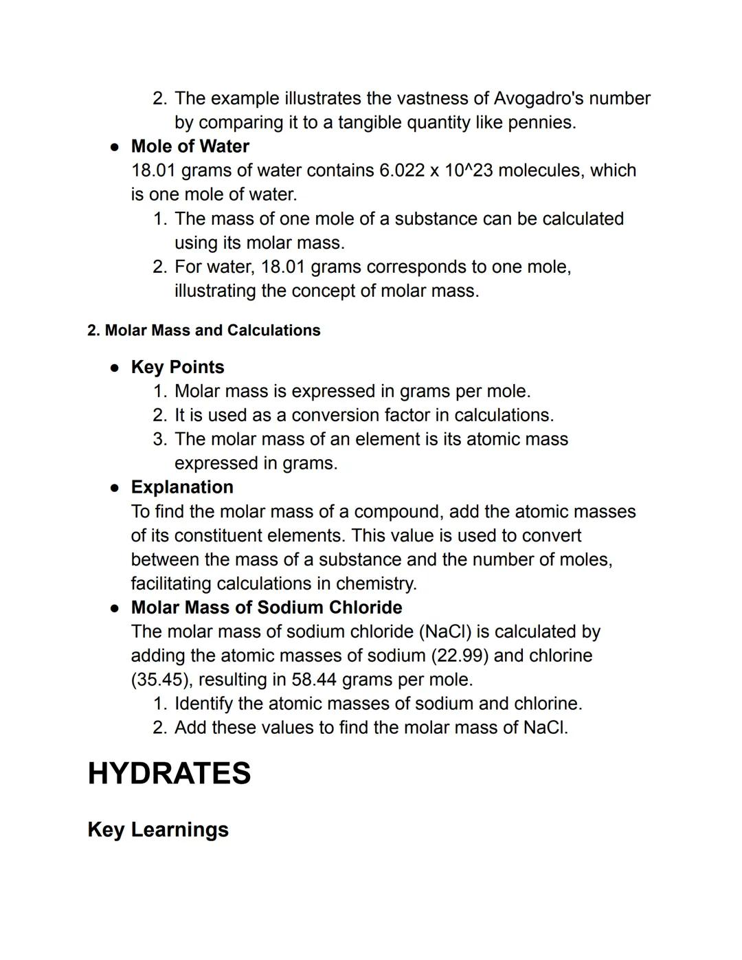 # MOLES AND AVOGADRO'S NUMBER
Key Learnings
1. Avogadro's Number and Mole Concept: Avogadro's number is a
constant used to count particle