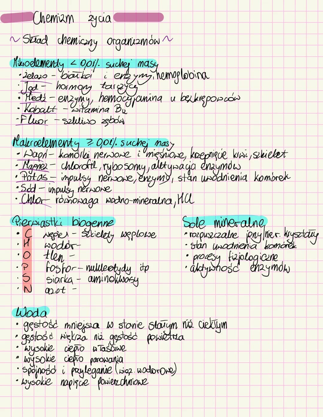 # Chemizm życia
~Skiad chemiczny organizmów~
Mikroelementy < Opil. suchej masy
• Żelazo-białka i ens enbymy, hemoglobina
• Jod- hormony
