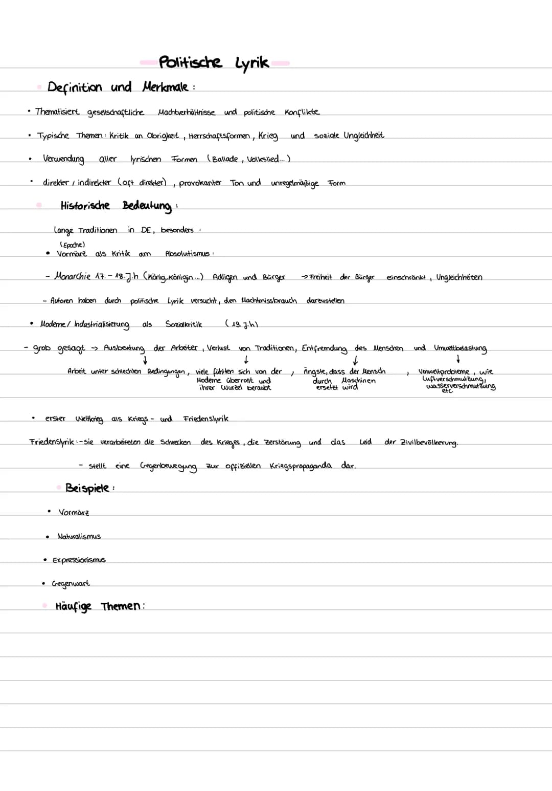 # Politische Lyrik
Definition und Merkmale:
* Thematisiert gesellschaftliche Machtverhältnisse und politische Konflikte
* Typische Th