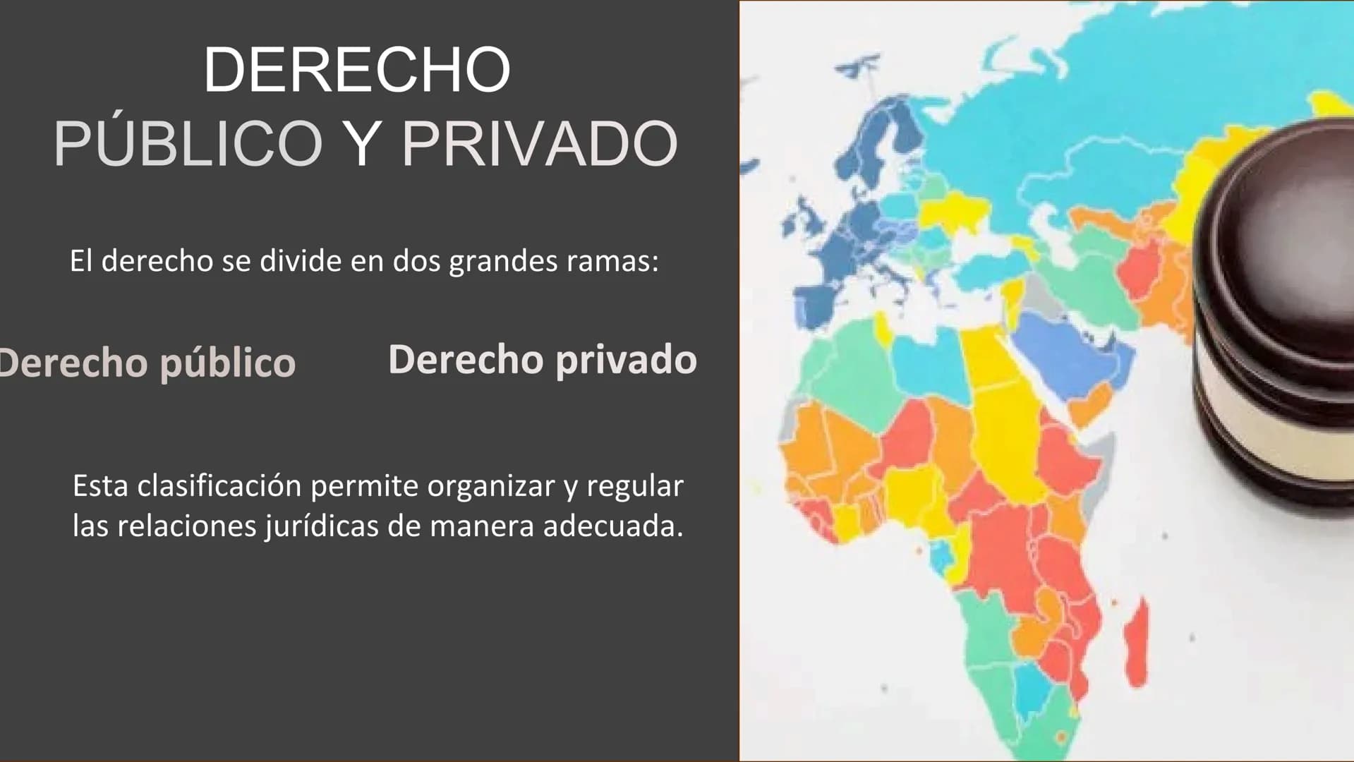 # DERECHO
# PÚBLICO Y PRIVADO
El derecho se divide en dos grandes ramas:
Derecho público
Derecho privado
Esta clasificación permite org