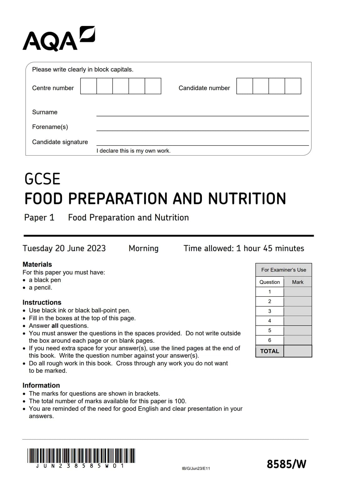# AQA
Please write clearly in block capitals.
Centre number
Surname
Forename(s)
Candidate signature
I declare this is my own work.
Ca
