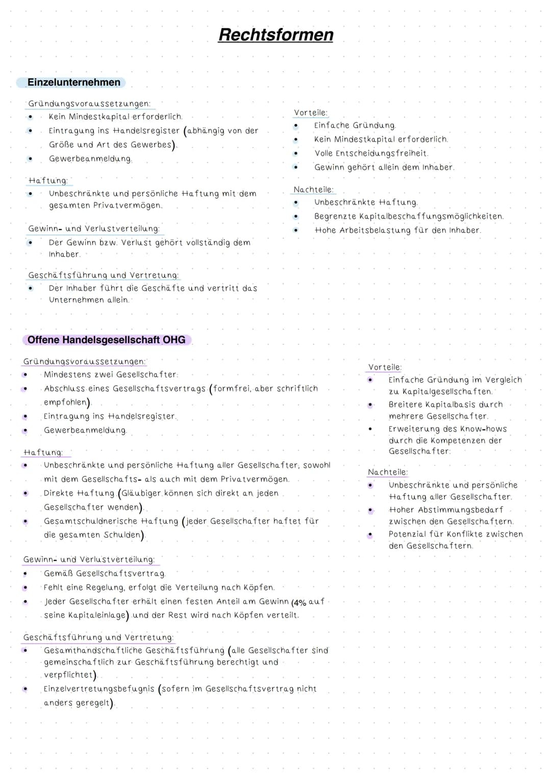 # Rechtsformen
## Einzelunternehmen
Gründungsvoraussetzungen:
- Kein Mindestkapital erforderlich.
- Eintragung ins Handelsregister (abhäng