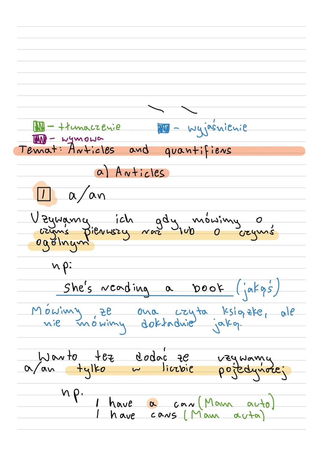IMA
-tłumaczenie
- wymowa
- wyjaśnienie
Temat: Articles and quantifiers
a) Articles
1 a/an
Uzywamy ich gdy mówimy o czymś
ogólnym
np: