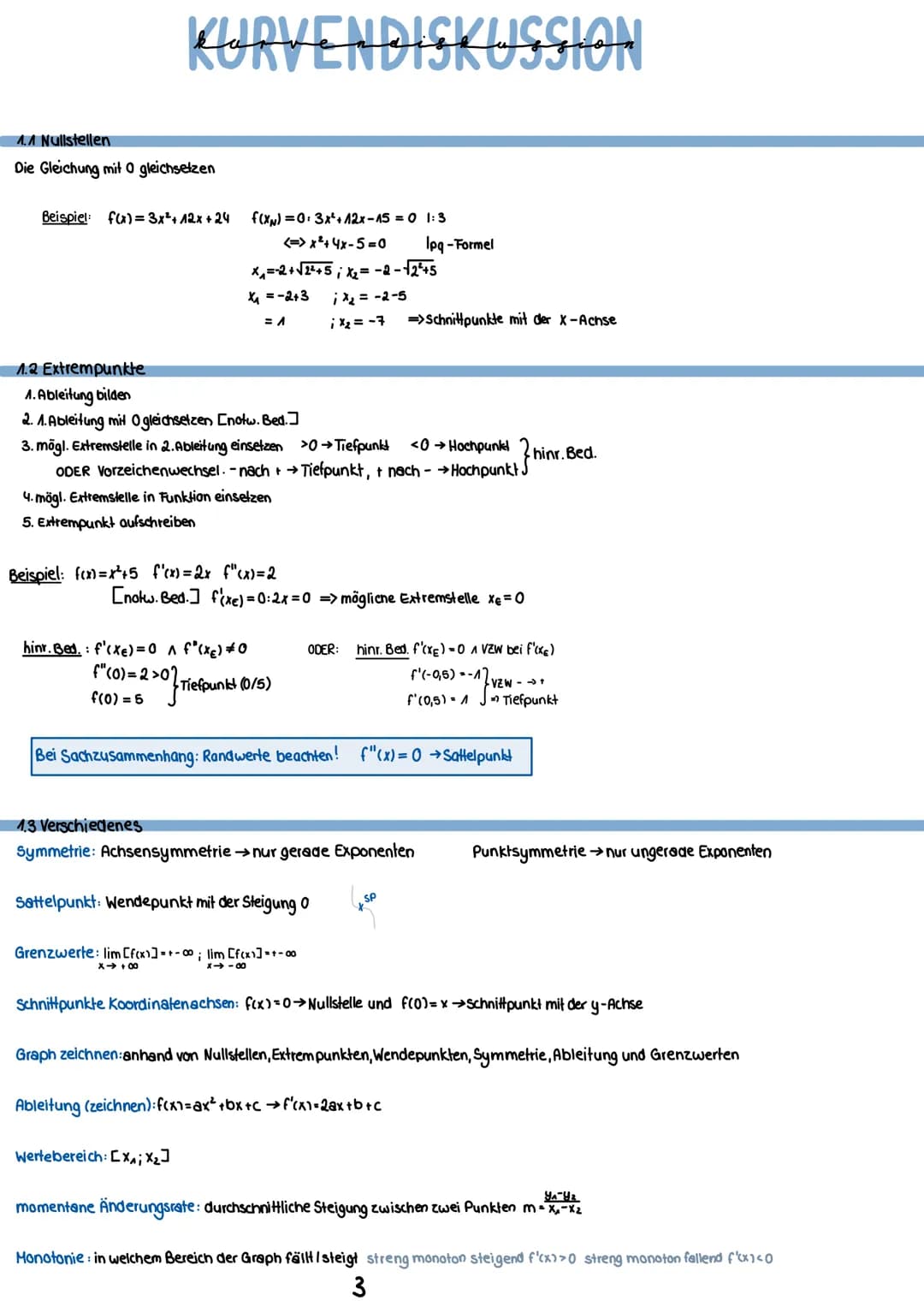 # Mathematik
1 Kurvendiskussion
1.1 Nullstellen
1.2 Extrempunkte
1.3 Verschiedenes
1.4 Wendepunkte
1.5 Tangente
1.6 Bedeutung der Wen