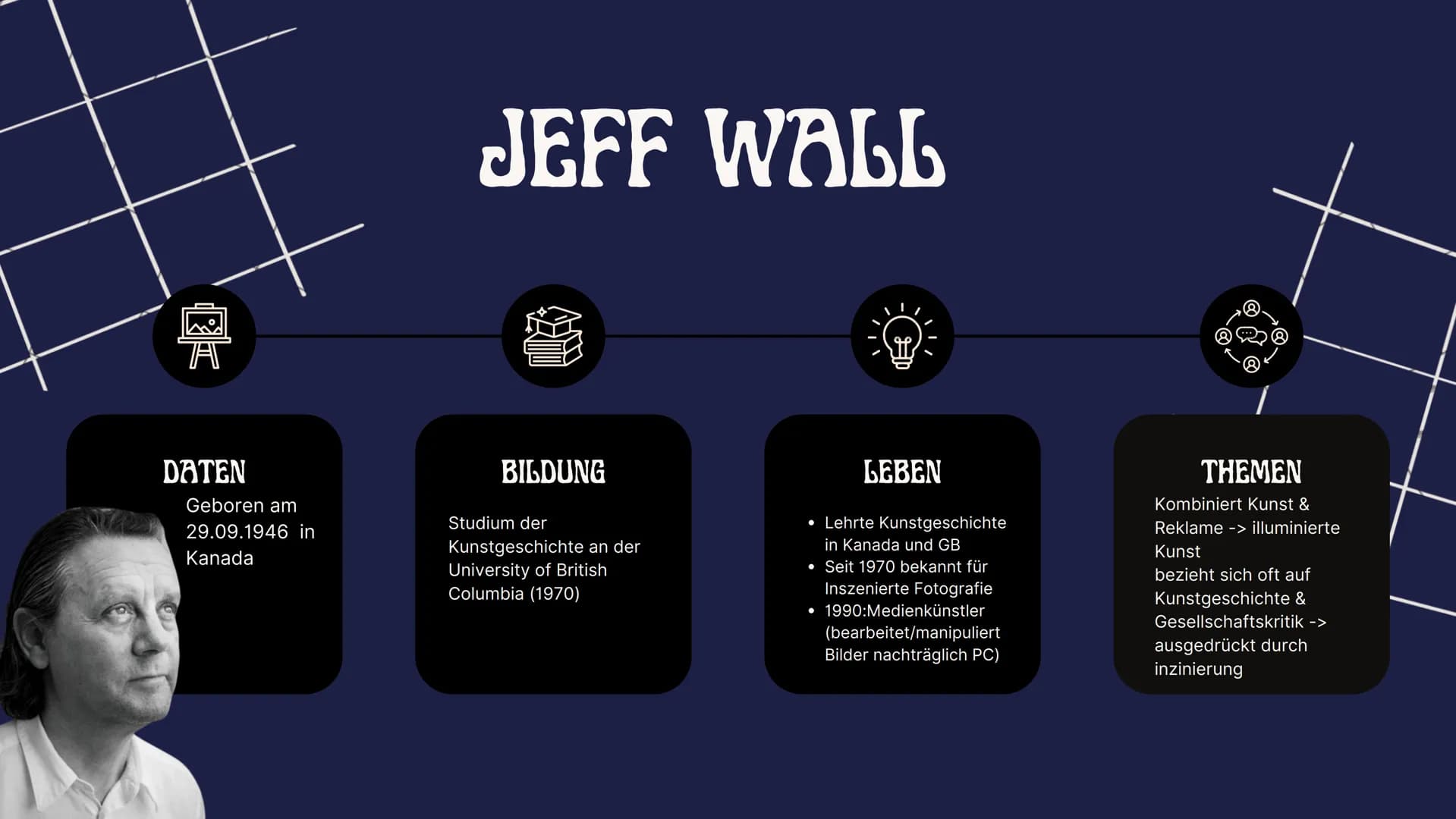 # exploring
# JEFF WALL
INZINIERTE FOTOGRAFIE # Die
# GLIEDERUNG
* Jeff Wall
* Lebenslauf
* Werkübersicht
* Thematik
* Inhalt