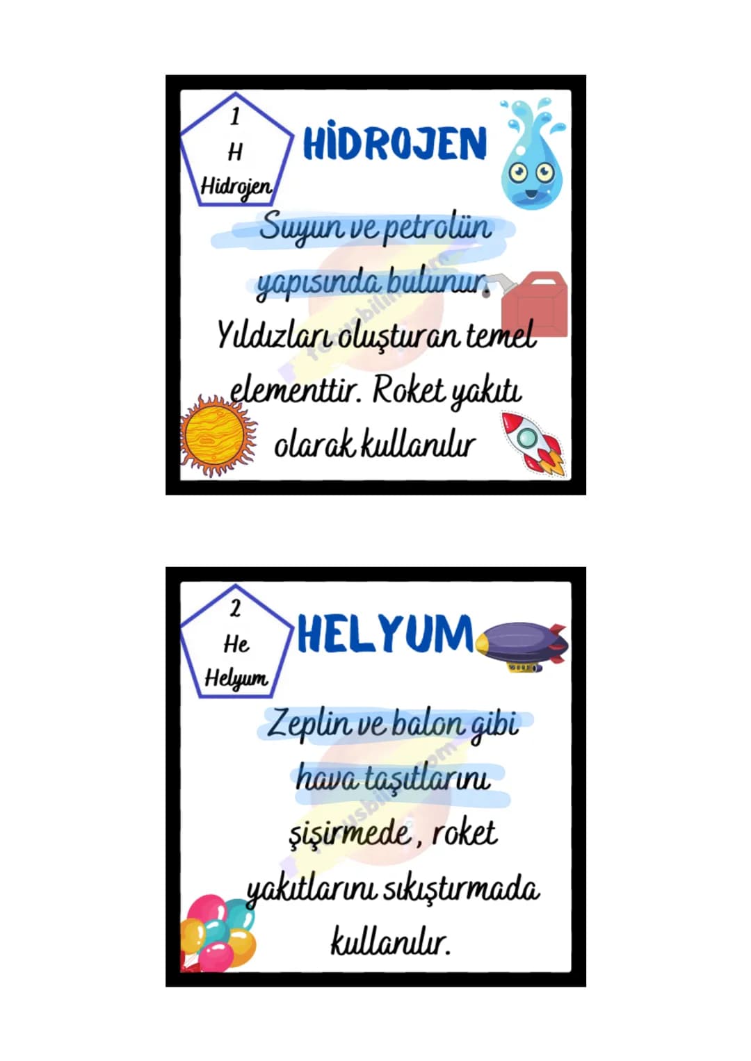 1
H
HİDROJEN
Hidrojen
Suyun ve petrolün
yapısında bulunur.
Yıldızları oluşturan temel
elementtir. Roket yakıtı
olarak kullanılır
2
He
Helyum