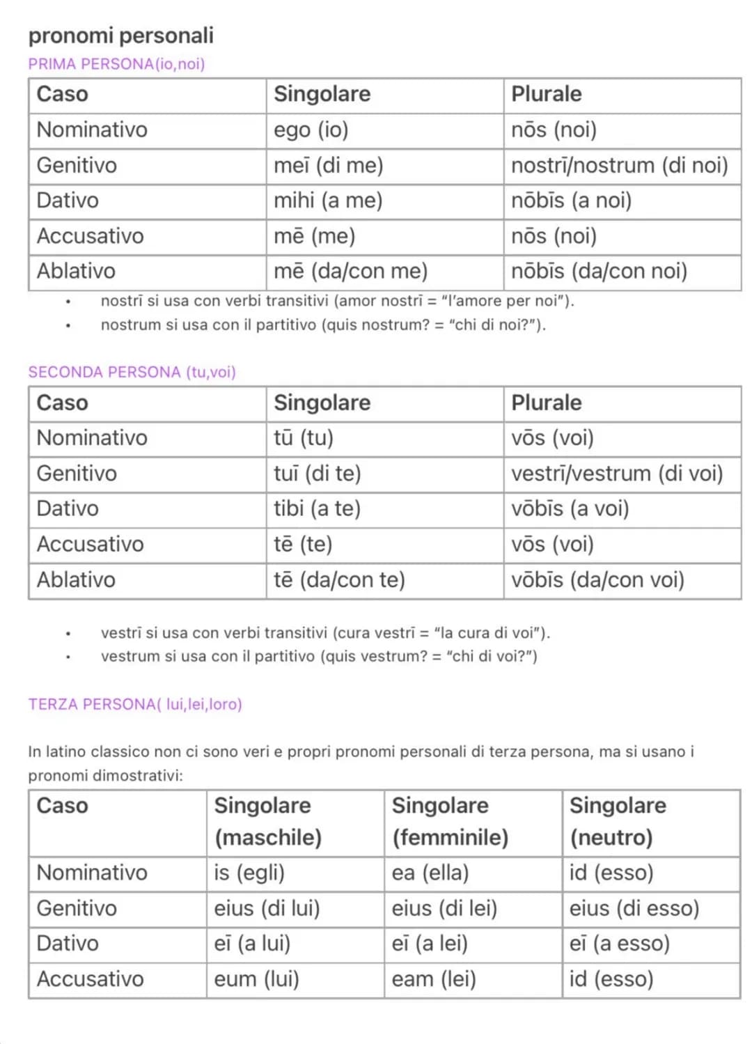 pronomi personali
PRIMA PERSONA (io, noi)
| Caso | Singolare | Plurale |
| ----------- | -------------- | ---------
