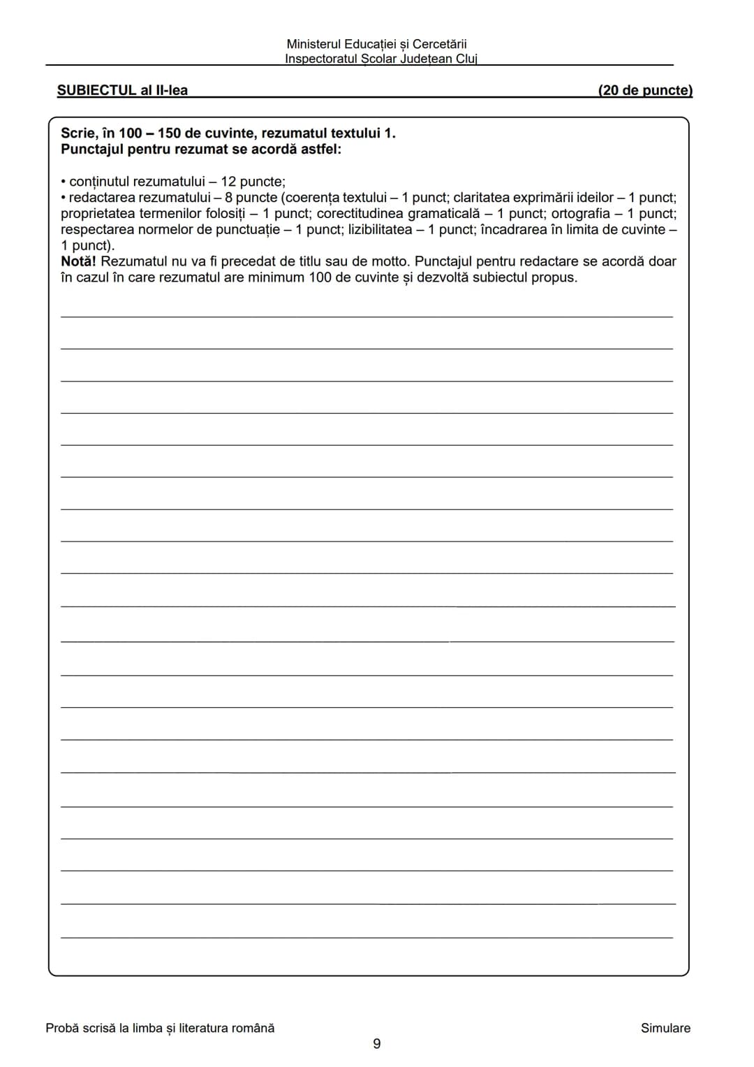 Ministerul Educaţiei şi Cercetării
Inspectoratul Şcolar Judeţean Cluj
Prezenta lucrare conține_pagini
EVALUAREA NAŢIONALĂ PENTRU
ABSOLVENŢ