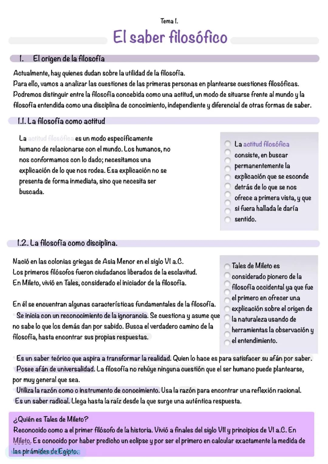 # Tema 1.
# El saber filosófico
1. El origen de la filosofía
Actualmente, hay quienes dudan sobre la utilidad de la filosofía.
Para ell
