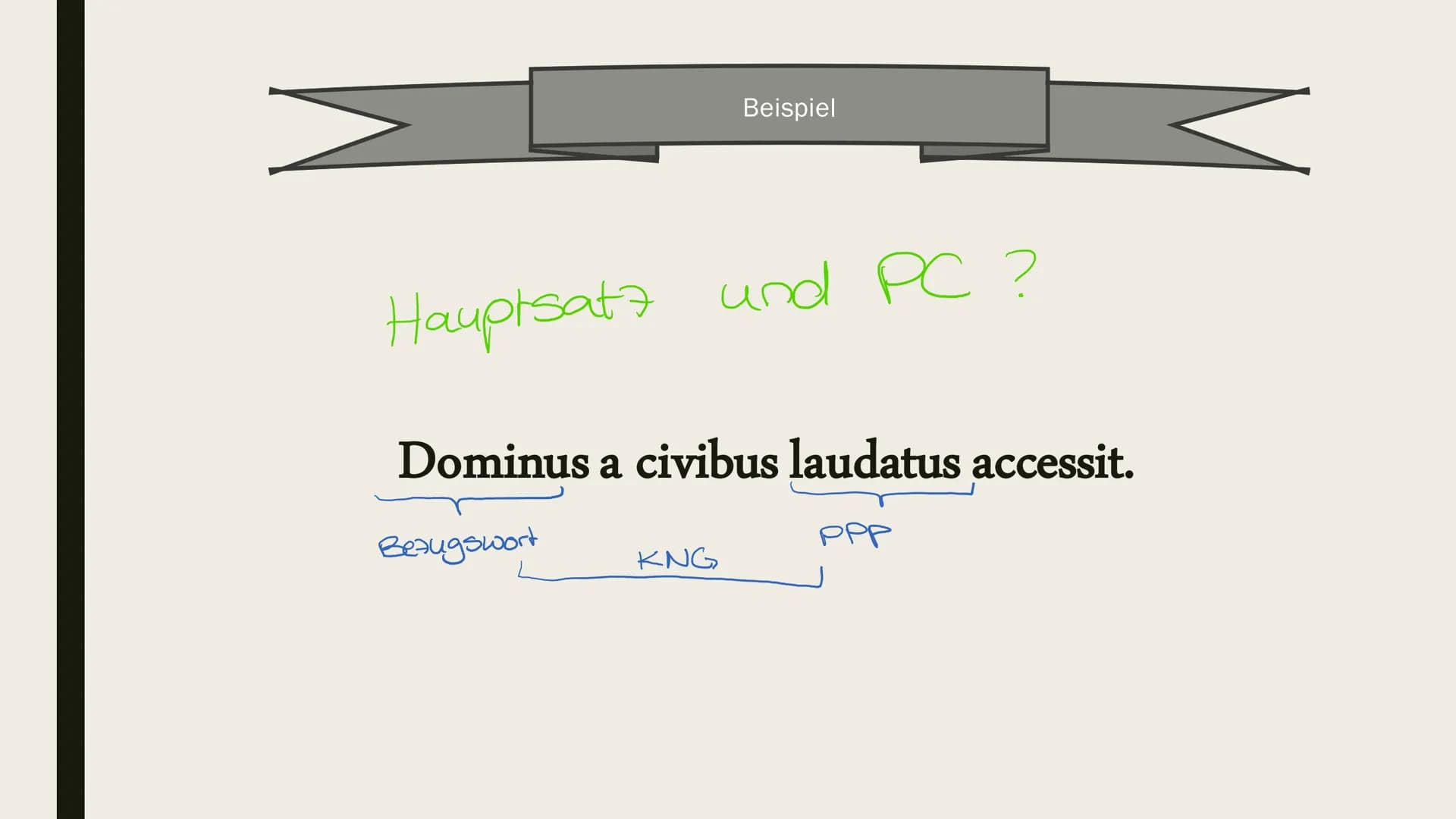 PARTICIPIUM
CONIUNCTUM
Auch bekannt als PC # Participium coniunctum
- „Verbundenes Partizip“
$
rightarrow$PPP, PPA
- Partizip im KNG mit