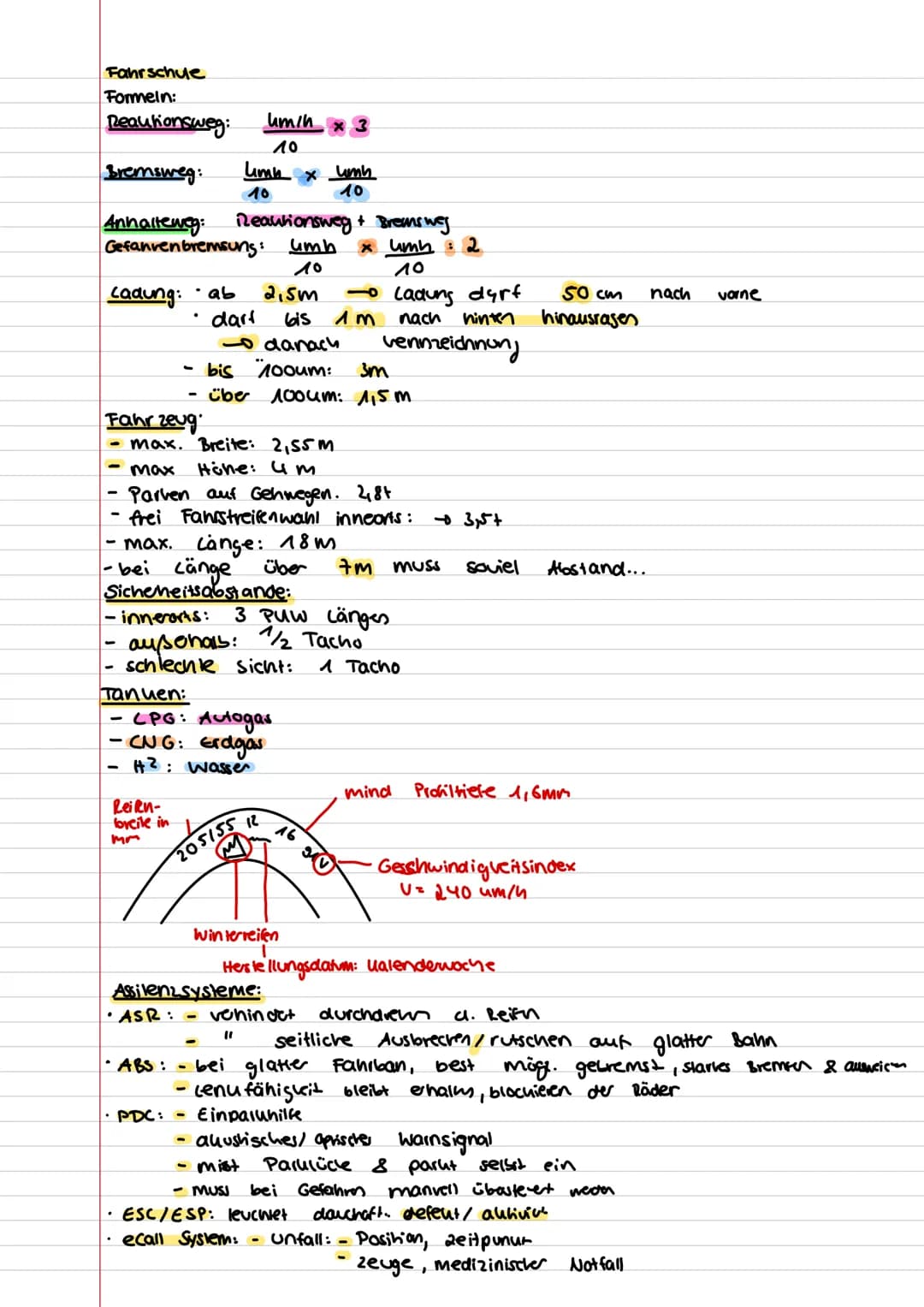 Fahrschue
Formeln:
Reaktionsweg: $\frac{umh}{10} * 3$
Bremsweg: $\frac{umh}{10} * \frac{umh}{10}$
Anhaltewey: Reautionsweg + Bremswes
Gefan