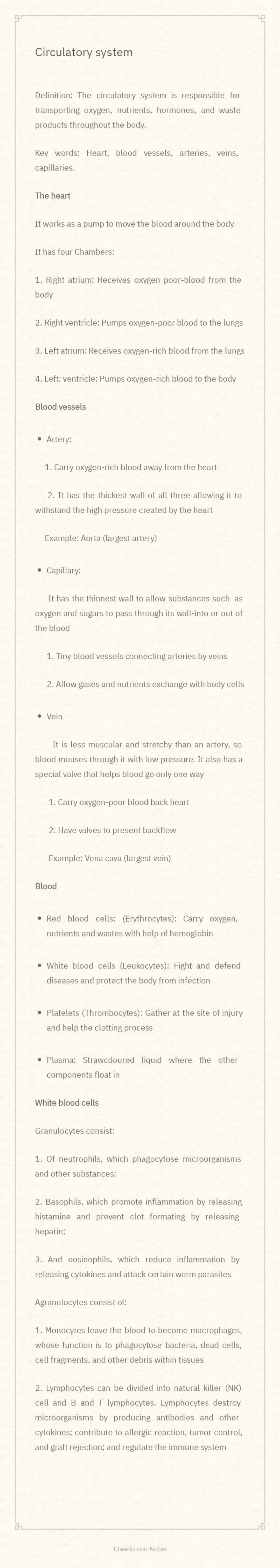 # Circulatory system
The beart
It has four Chamberic
1.
2. Right ventricle
thebo
Left:
Pamp
Blood vessels
* Artery
1. Canyong
2.