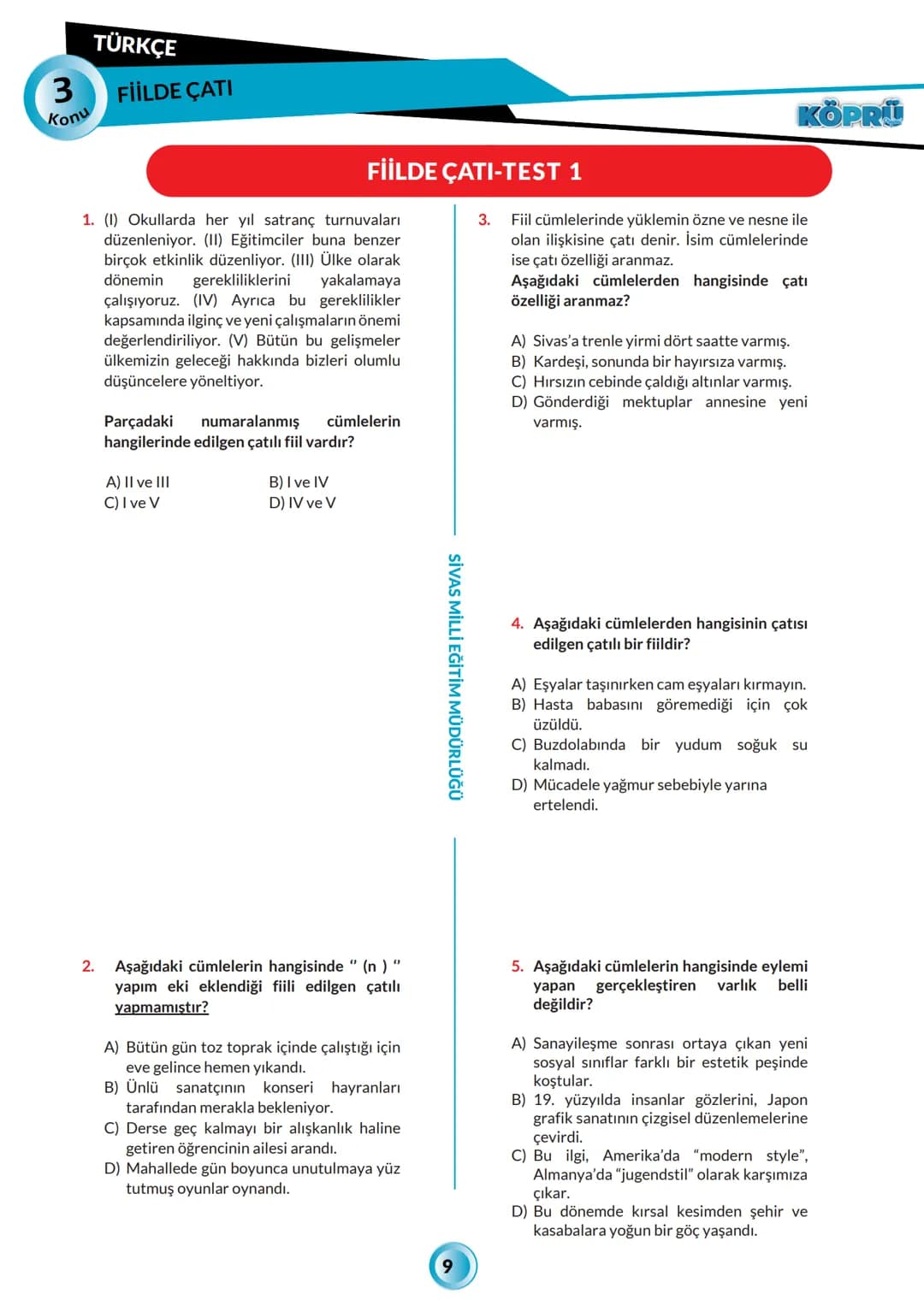 SİVAS VALİLİĞİ
KÖPRÜ
Kurslarda Öğretimin Planlanması ve Rehberlikte Üstünleşme
TÜRKÇE
FASİKÜL 3
Fiilde Çatı
Yayın Kurulu
Alper Aktepe -