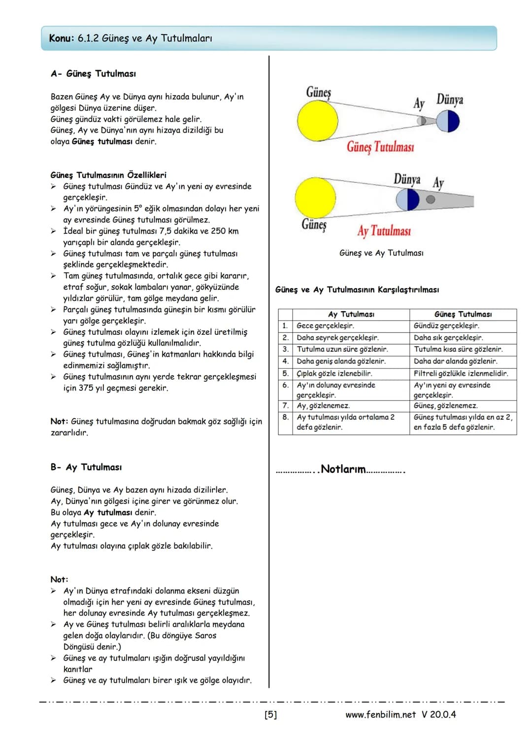 # 6.Sınıf Fen Bilimleri
## Ders Notları
Barış ZEREN
Fen Bilimleri Öğretmeni # 1.Ünite: Güneş Sistemi ve Tutulmalar
Konu: 6.1.1 Güneş Sist