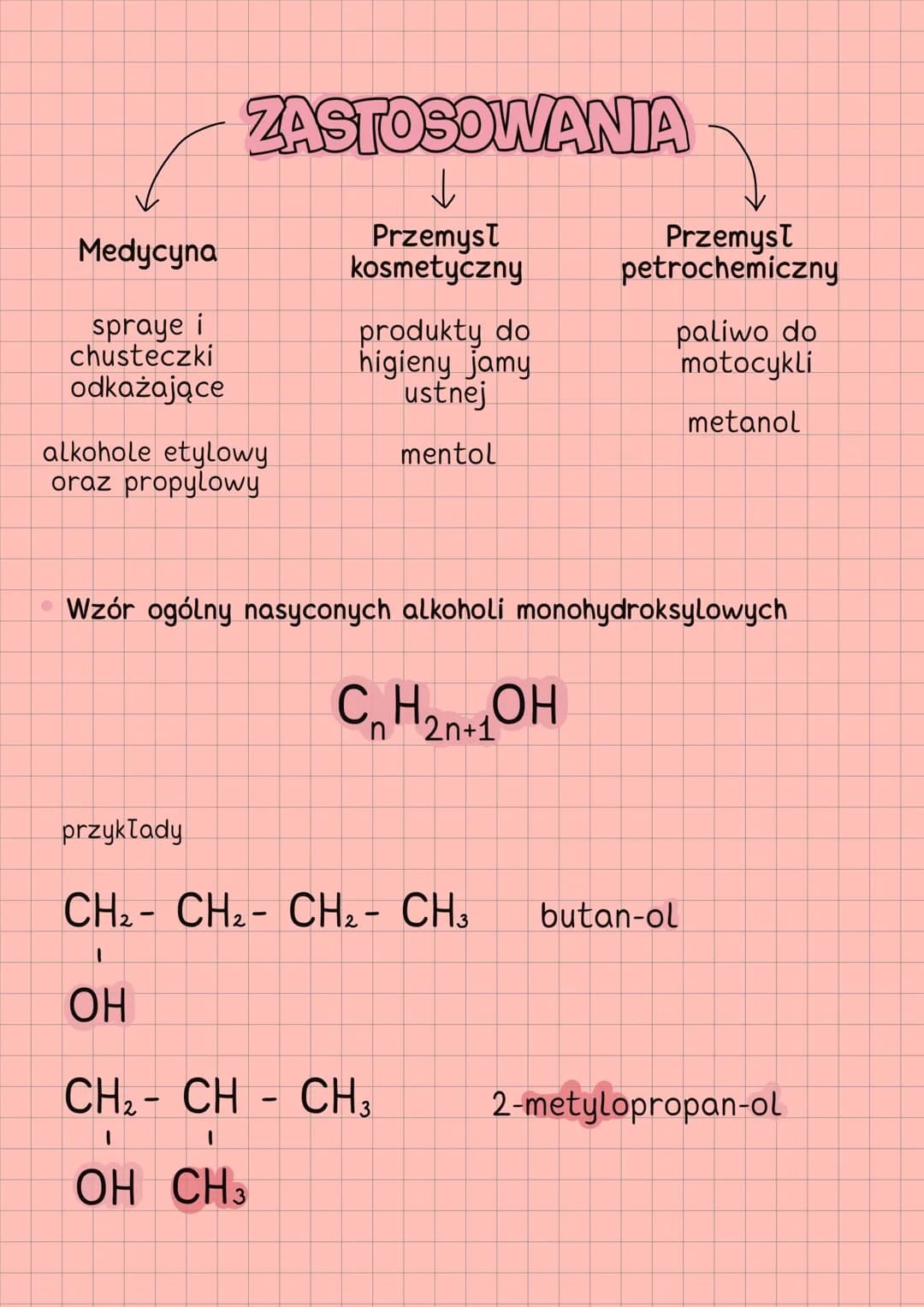 # ALKOHOLE
# MONOHYDROKSYLOWE
- Co to są alkohole?
to jednofunkcyjne pochodne węglowodorów,
zawierają grupe hydroksylową (OH)
- Wzór ogól