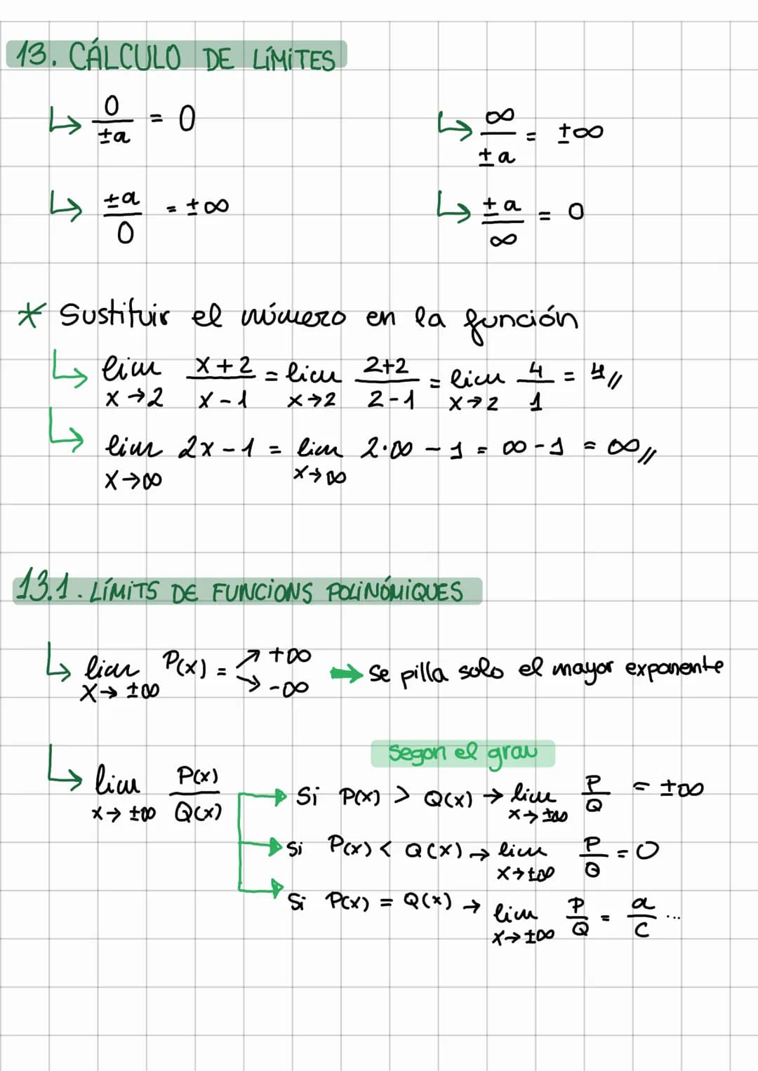 # Mates: Funciones y límites
1. DOMINIO DE FUNCIONES
POLINOMIO = R
FRACCIONES = $\frac{P(x)}{Q(x)}$ → $Q(x) = 0$ → OPERAR
→RAÍZ = $\sqrt