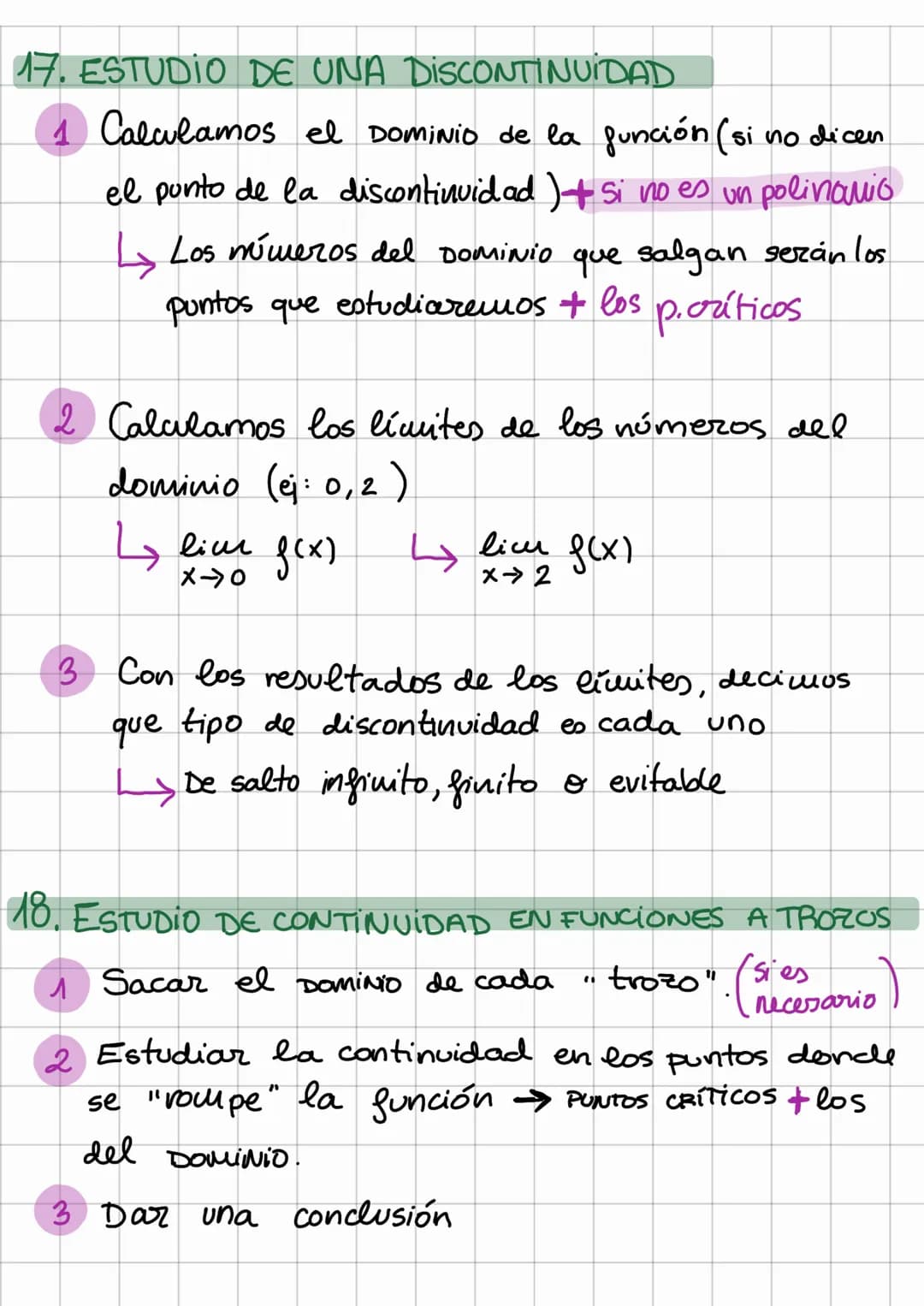 # Mates: Funciones y límites
1. DOMINIO DE FUNCIONES
POLINOMIO = R
FRACCIONES = $\frac{P(x)}{Q(x)}$ → $Q(x) = 0$ → OPERAR
→RAÍZ = $\sqrt