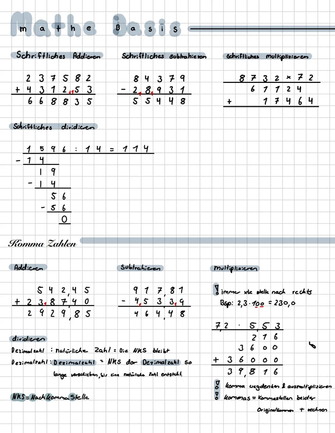 # Mathe Dasis
Schriftliches Addieren
237 582
+43 1 25 3
668835
Schriftliches dividicen
Schriftliches subtrahieron
84 379
-28931
55448