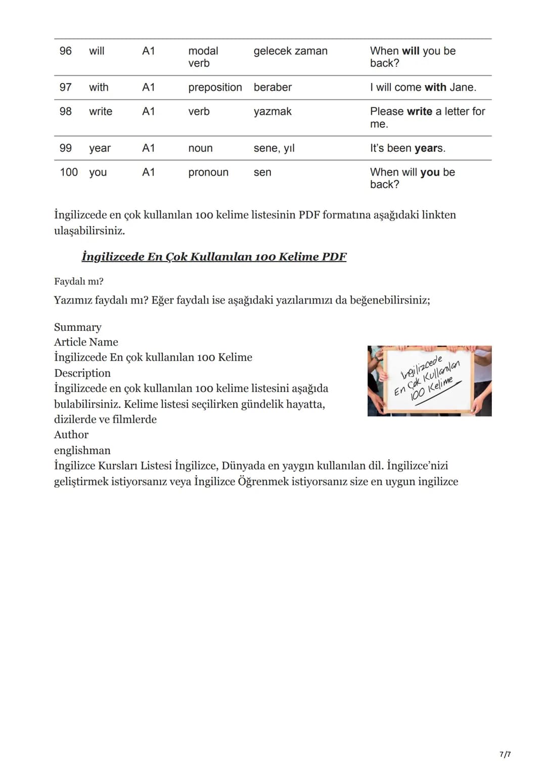 # İngilizcede En Çok Kullanılan 100 Kelime - Anlamları ve
Örnek Cümleler
[ingilizce-kursu.gen.tr/blog/ingilizcede-en-cok-kullanilan-100-keli