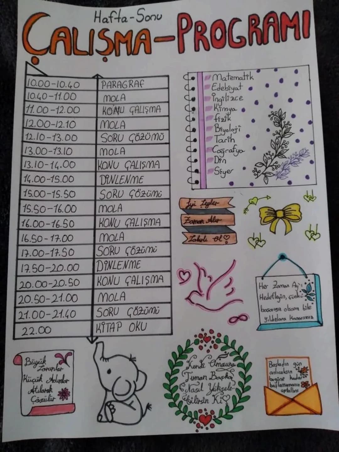 ÇALIŞMA-PROGRAMI
10.00-10.40 PARAGRAF
10.40-11.00 MOLA
11.00-12.00 KONU ÇALIŞMA
12.00-12.10 MOLA
12.10-13.00 SORU ÇÖZÜMÜ
13.00-13.10 M