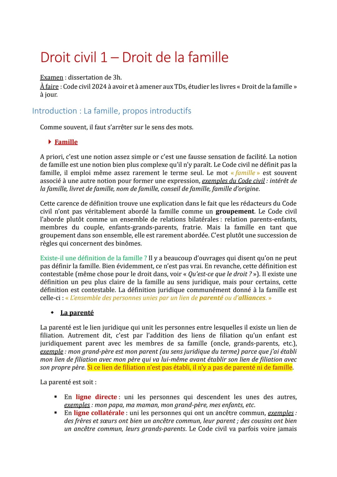 # Droit civil 1 - Droit de la famille
Examen: dissertation de 3h.
À faire: Code civil 2024 à avoir et à amener aux TDs, étudier les livres