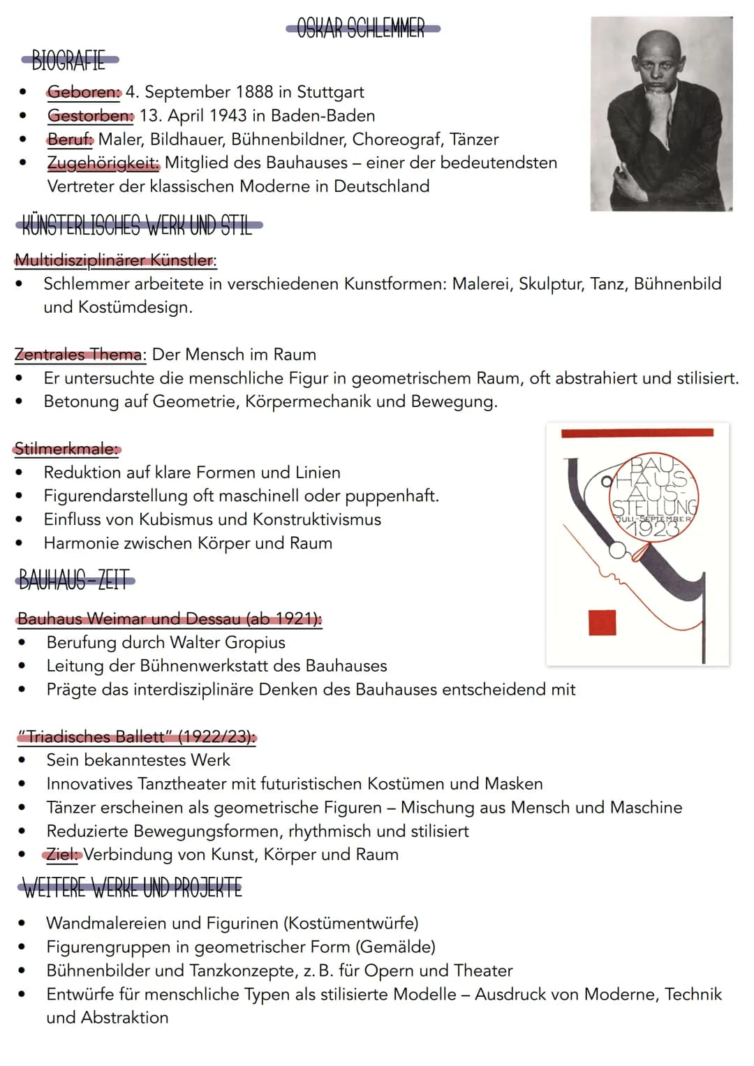 # OSKAR SCHLEMMER
BIOGRAFIE
- Geboren: 4. September 1888 in Stuttgart
- Gestorben: 13. April 1943 in Baden-Baden
- Beruf: Maler, Bildhauer