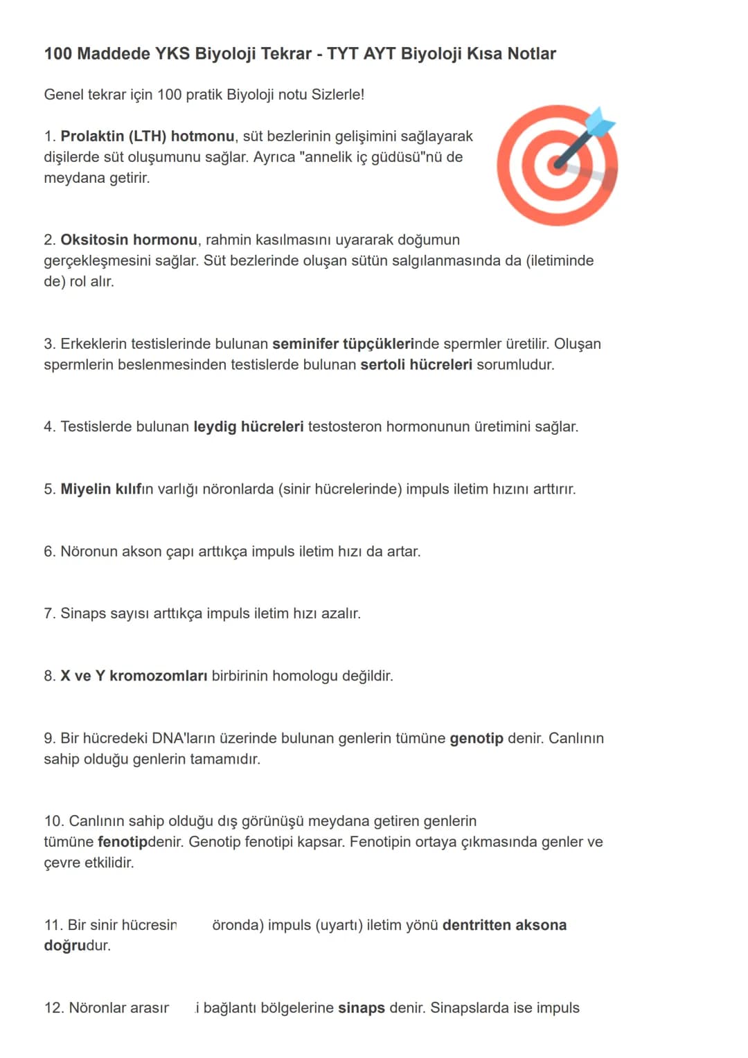 # 100 Maddede YKS Biyoloji Tekrar - TYT AYT Biyoloji Kısa Notlar
Genel tekrar için 100 pratik Biyoloji notu Sizlerle!
1. Prolaktin (LTH) h