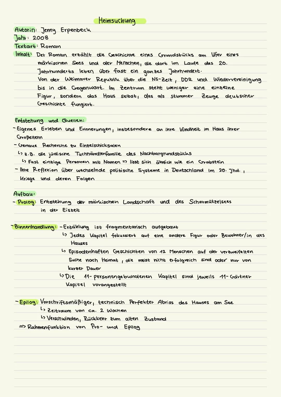# Heimsuchung
Autorin: Jenny Erpenbeck.
Jahr: 2008
Textart: Roman
Inhalt: Der Roman erzählt die Geschichte eines Grundstücks am Ufer eines