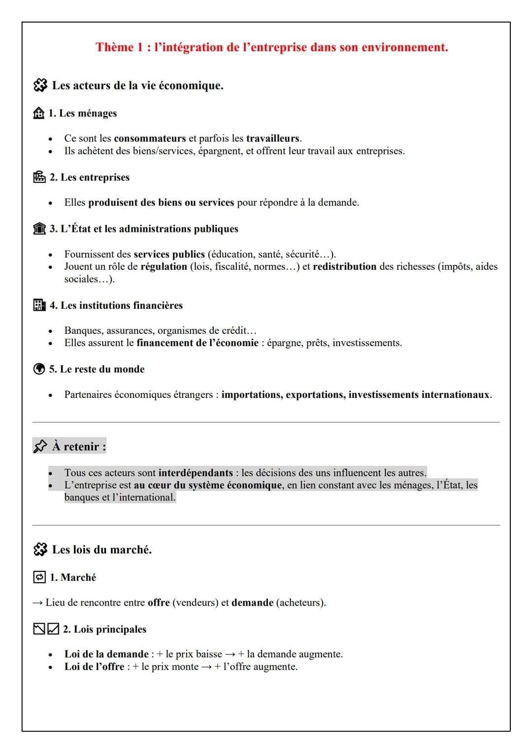 # Thème 1: l'intégration de l'entreprise dans son environnement.
Les acteurs de la vie économique.
1. Les ménages
- Ce sont les consommat