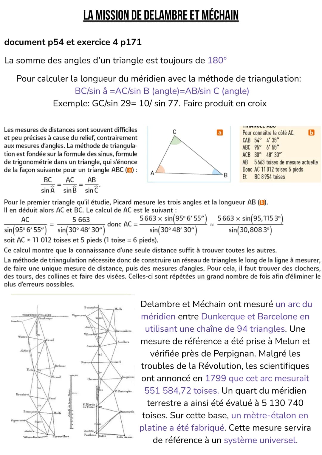 # LA MISSION DE DELAMBRE ET MÉCHAIN
document p54 et exercice 4 p171
La somme des angles d'un triangle est toujours de 180°
Pour calculer