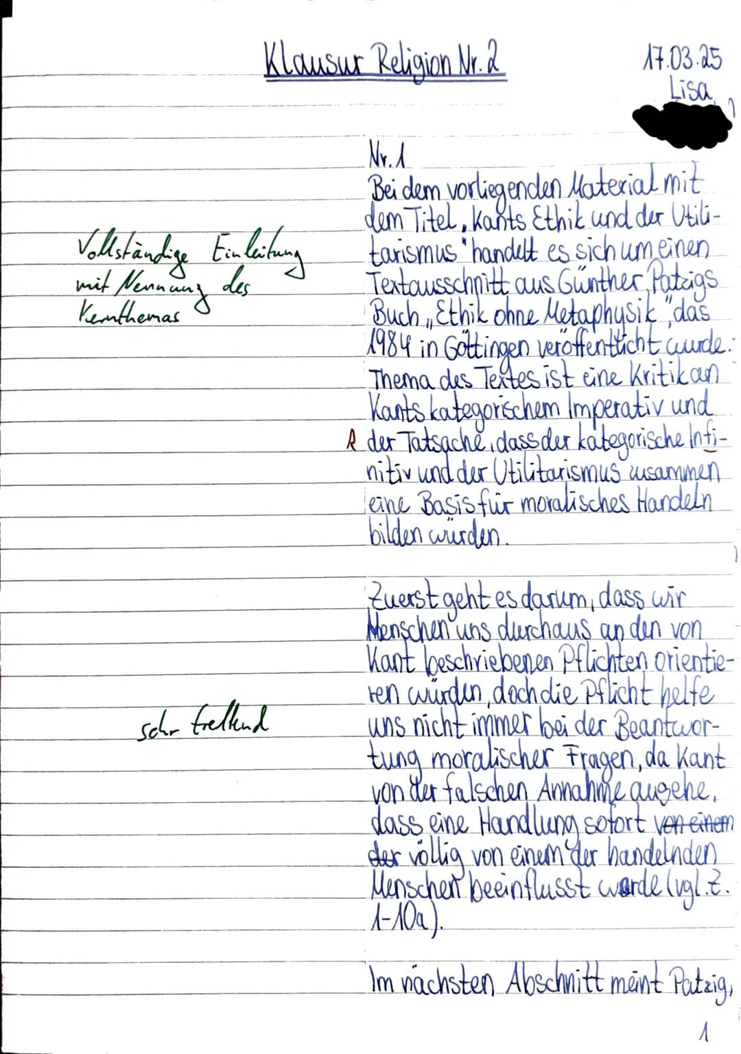 Klausur Nr. 2
G5rk1
Katholische Religion
Datum: 17.03.2025
Name: Lisa
Aufgabe 1
Aufgabe 2
Aufgabe 3 Gesamtnotenpunkte
Gesamtwertungs-
antei