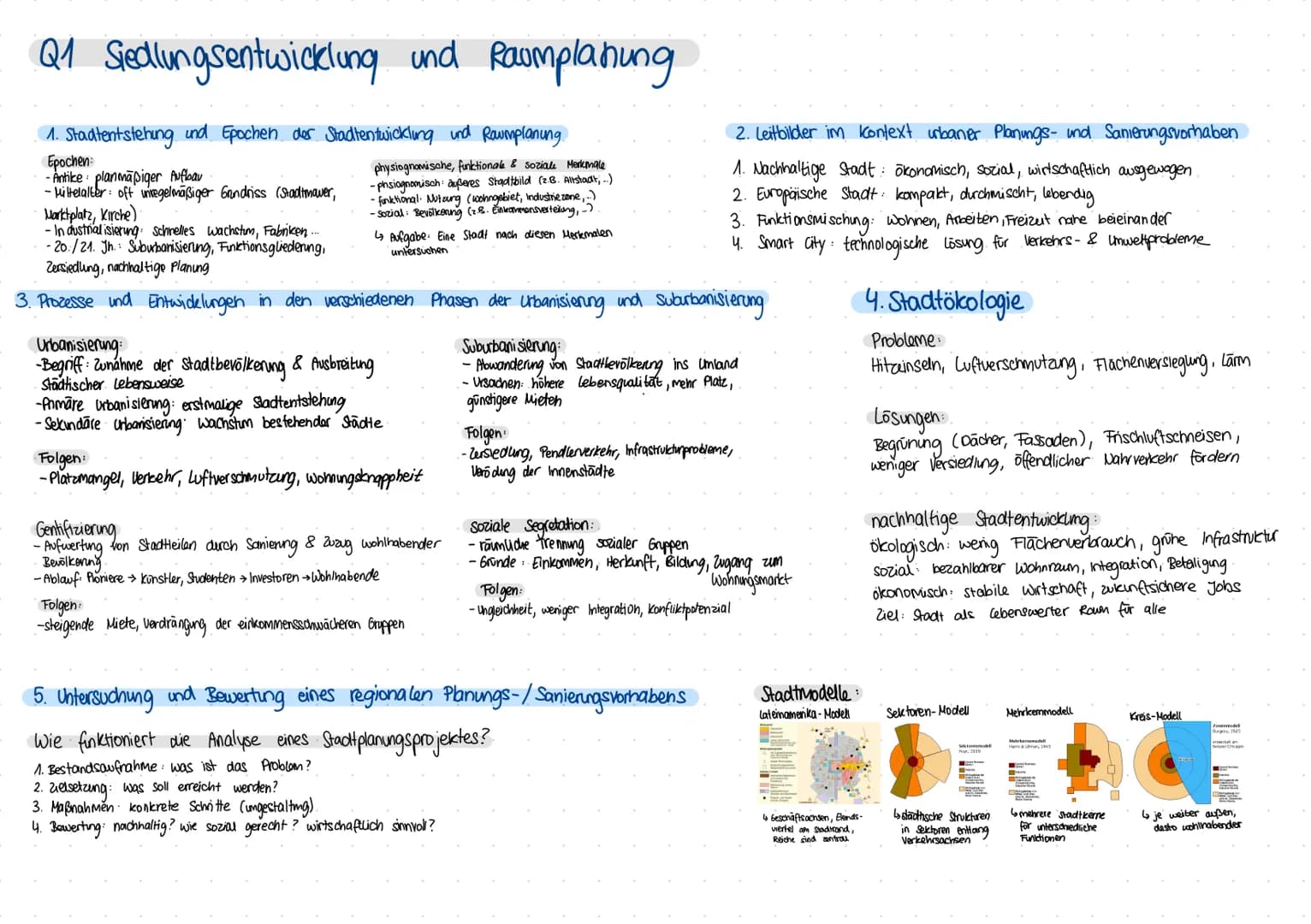 # Q1 Siedlungsentwicklung und Raumplanung
1. Stadtentstehung und Epochen der Stadtentwicklung und Raumplanung
Epochen:
-Antike: planmäßig