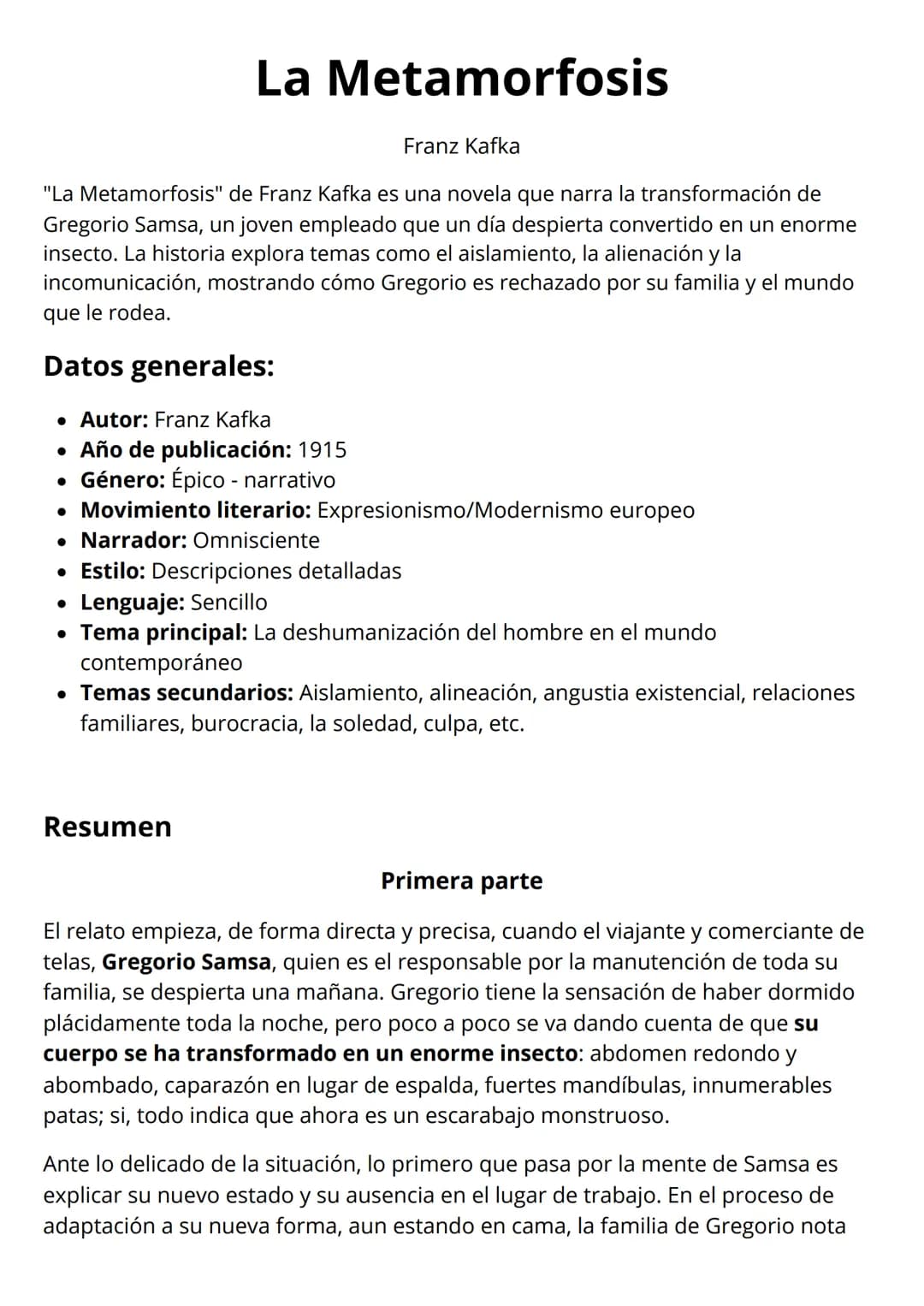 # La Metamorfosis
Franz Kafka
"La Metamorfosis" de Franz Kafka es una novela que narra la transformación de
Gregorio Samsa, un joven emple